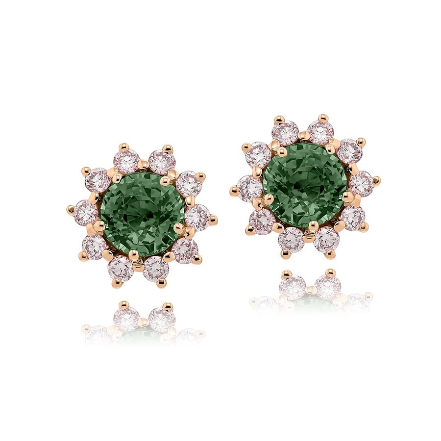 3.09ctw Certified Alexandrite & Fancy Pink Diamond Floral Stud Earrings in 18k Pink Gold
