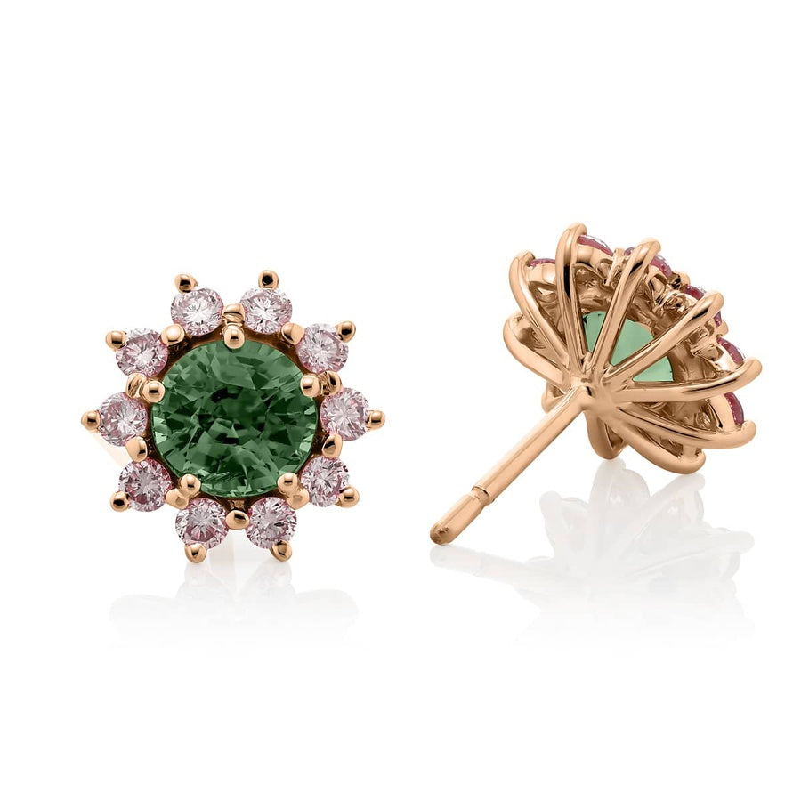 3.09ctw Certified Alexandrite & Fancy Pink Diamond Floral Stud Earrings in 18k Pink Gold