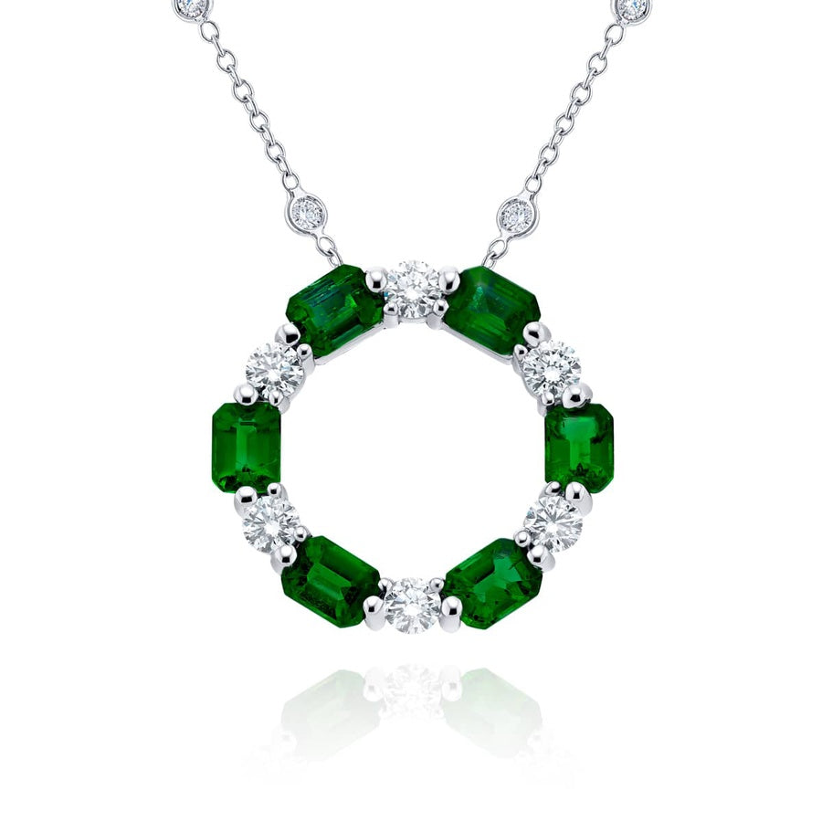 Platinum Emerald-Cut Emerald and Round Diamond Certified Circle Pendant