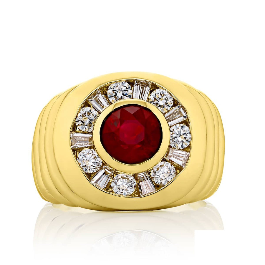 18K Yellow Gold Round Pigeon Blood Burmese Ruby Certified Men's Ring