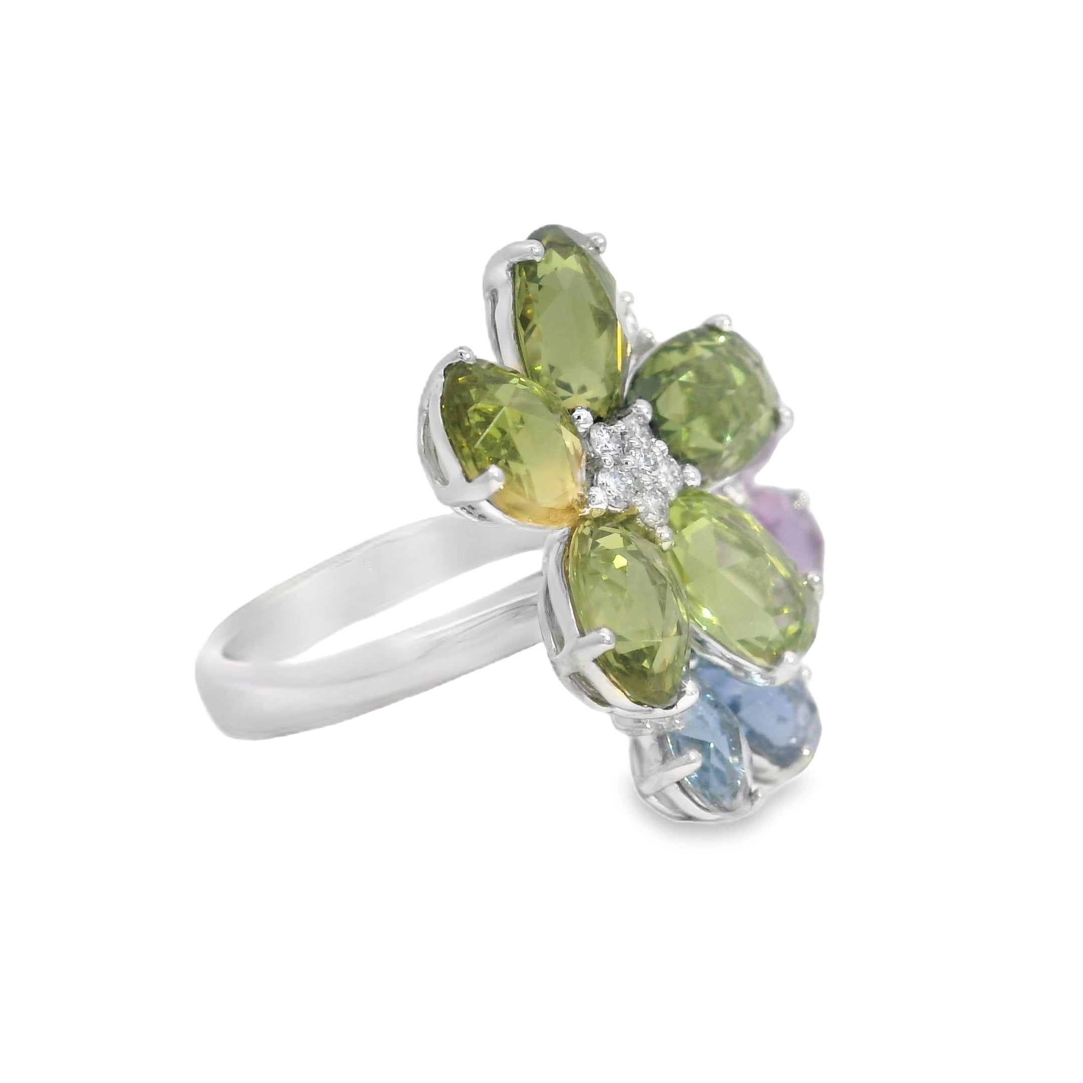 Multicolored Sapphire and Diamond Triple Flower Ring