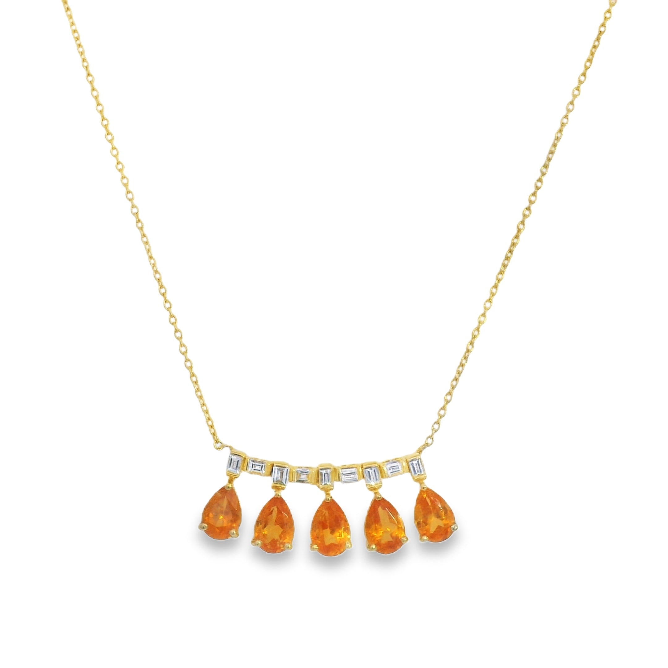 Pear Garnet and Baguette Diamond Curved Bar Necklace