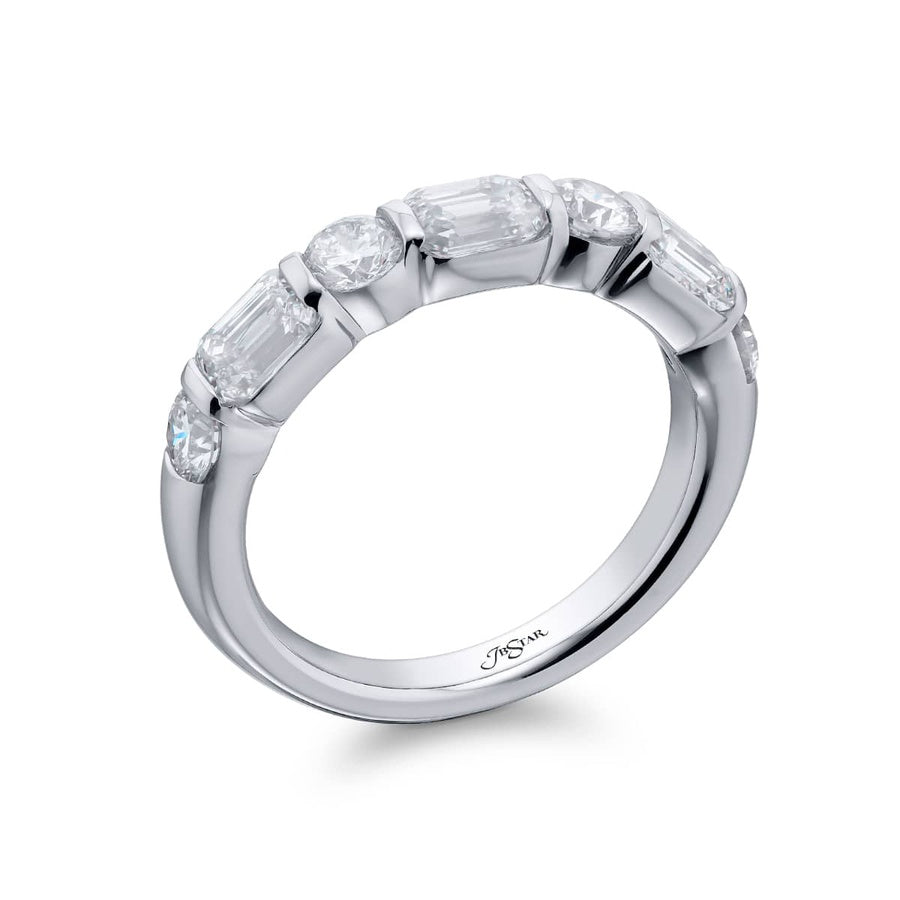 Platinum Emerald-Cut and Round Diamond Single-Row Bar Set East-West Band