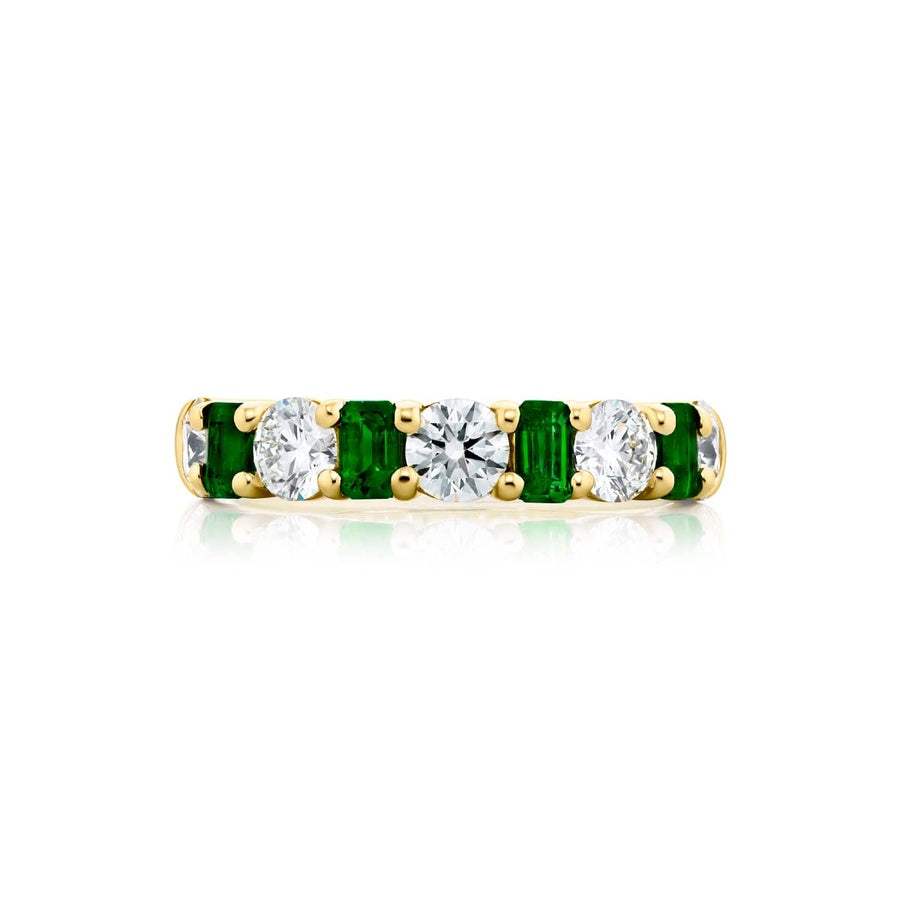 18K Yellow Gold Emerald-Cut Emerald and Round Diamond Single-Row Band