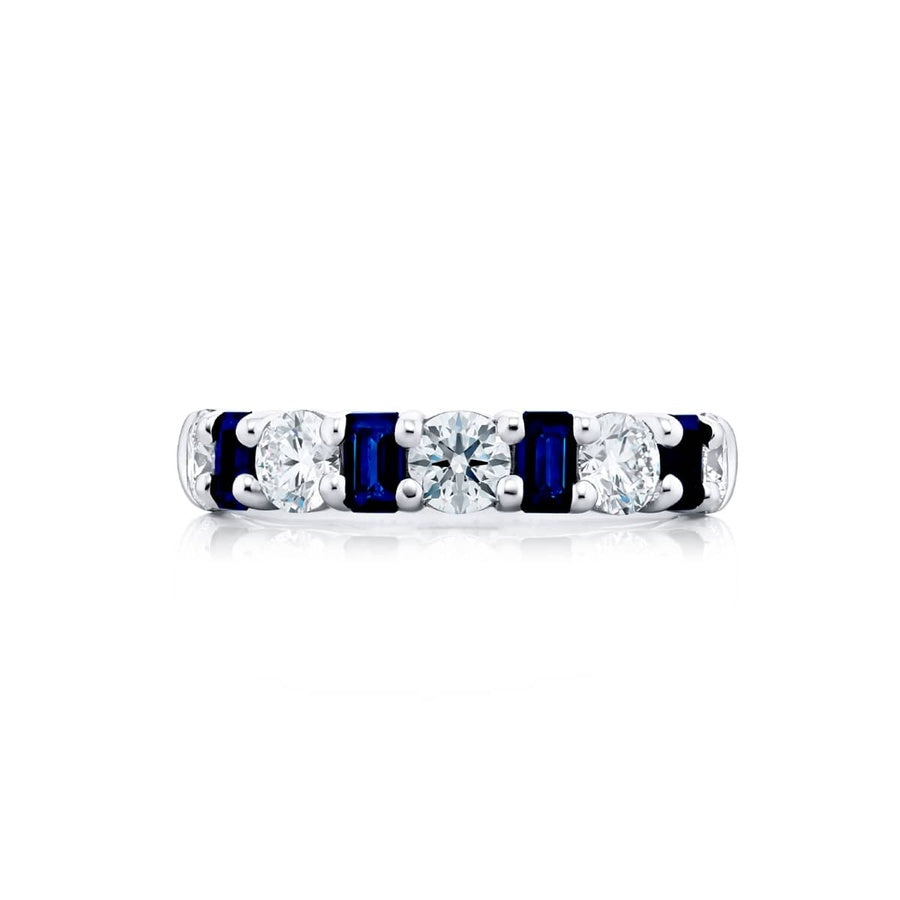 Platinum Emerald-Cut Sapphire and Round Diamond Single-Row Band