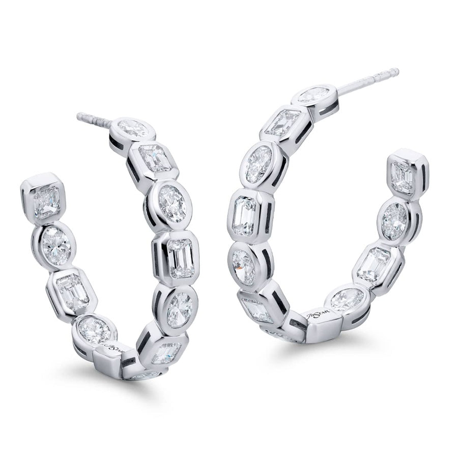 Platinum Emerald-Cut and Oval Diamond Bezel Hoop Earrings