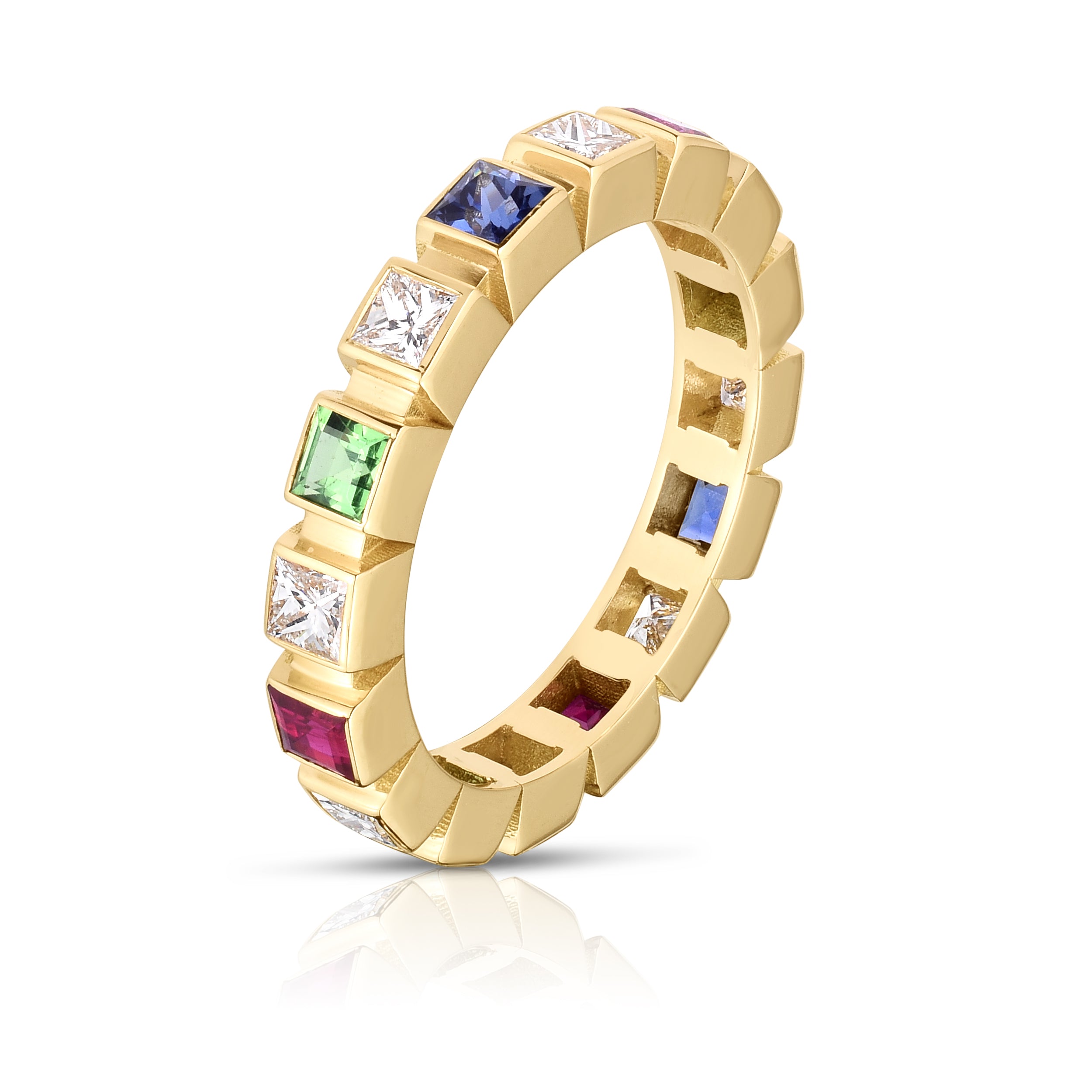 Square Bezel Diamond and Multicolored Stone Eternity Band