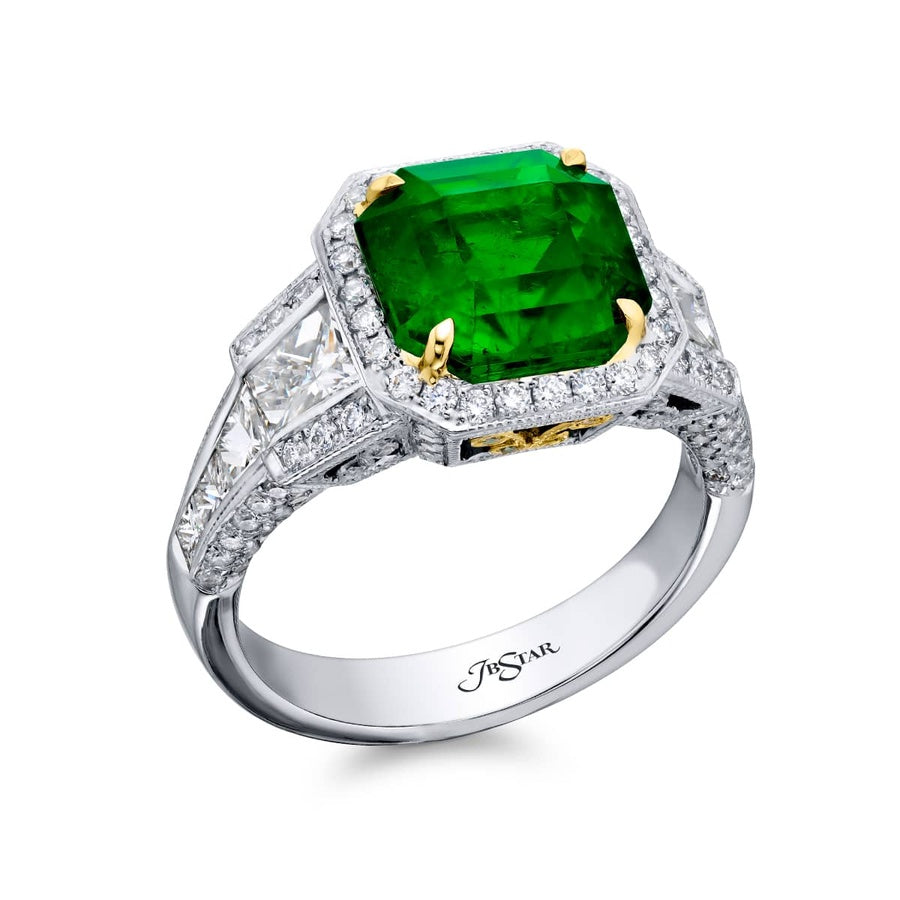 Platinum Emerald-Cut Emerald Micro Pave Ring