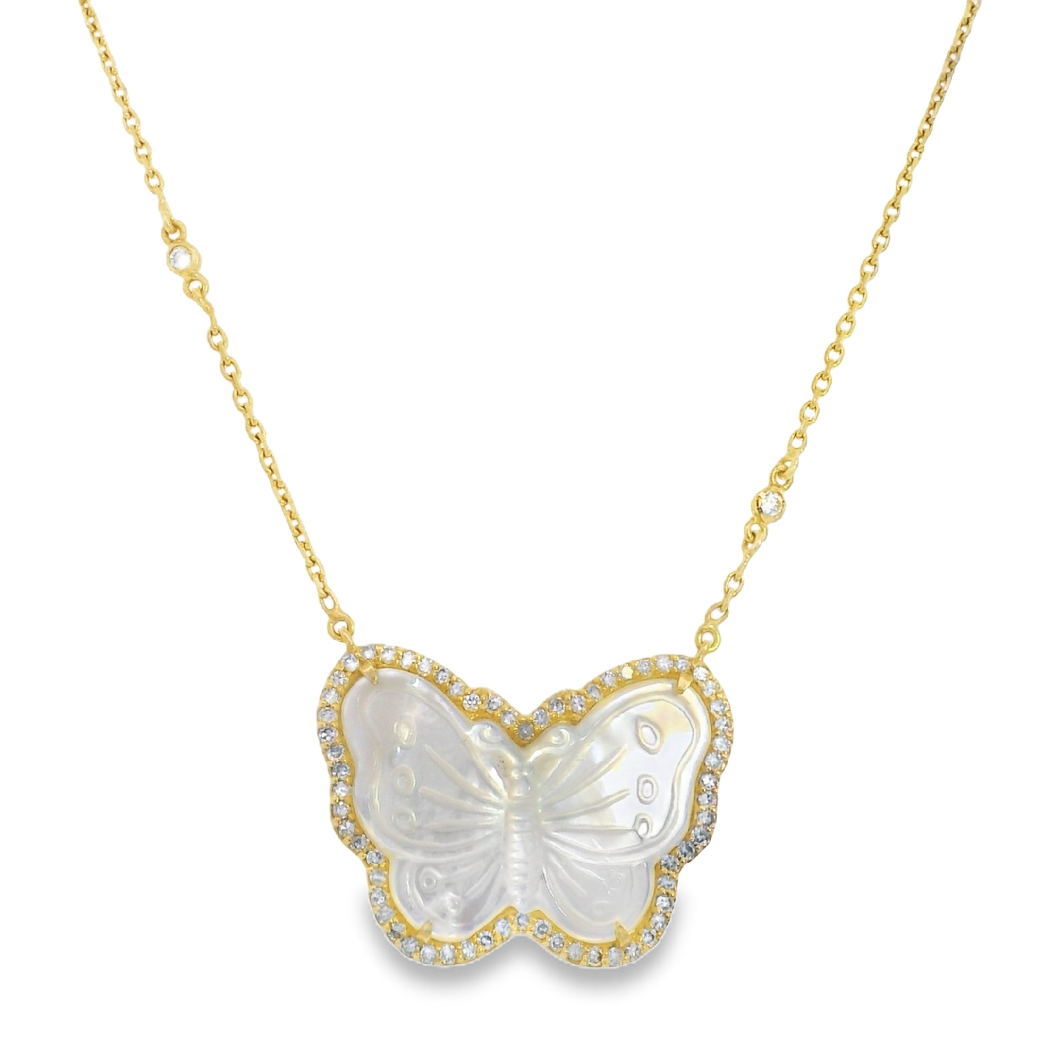 Mother of Pearl Butterfly with Pavé Diamond Halo Necklace