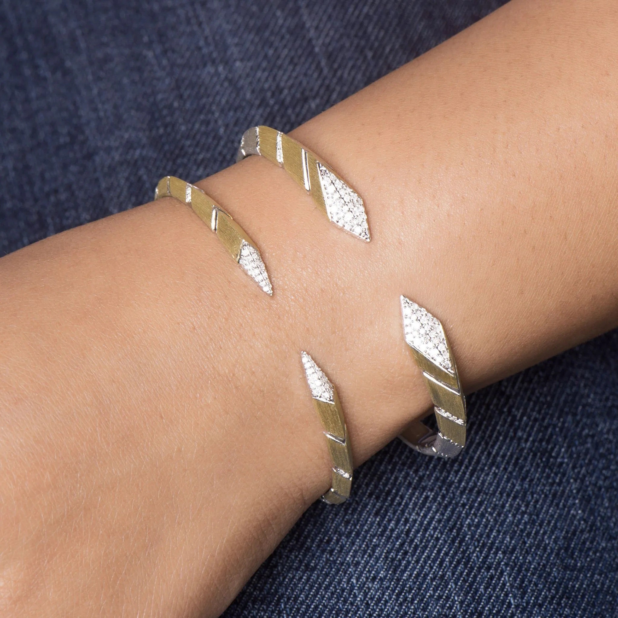 Wide Mixed Metal Open Raised Pyramid Pave Bangle