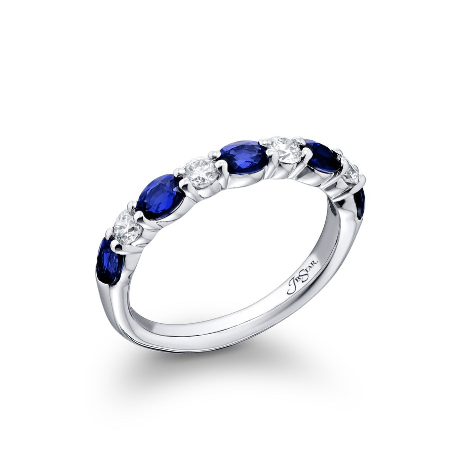 Platinum Oval Sapphire and Round Diamond Single-Row East-West Band