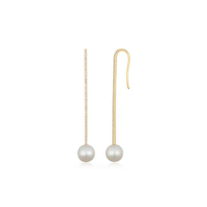 Diamond Bar Pearl Drop Earrings