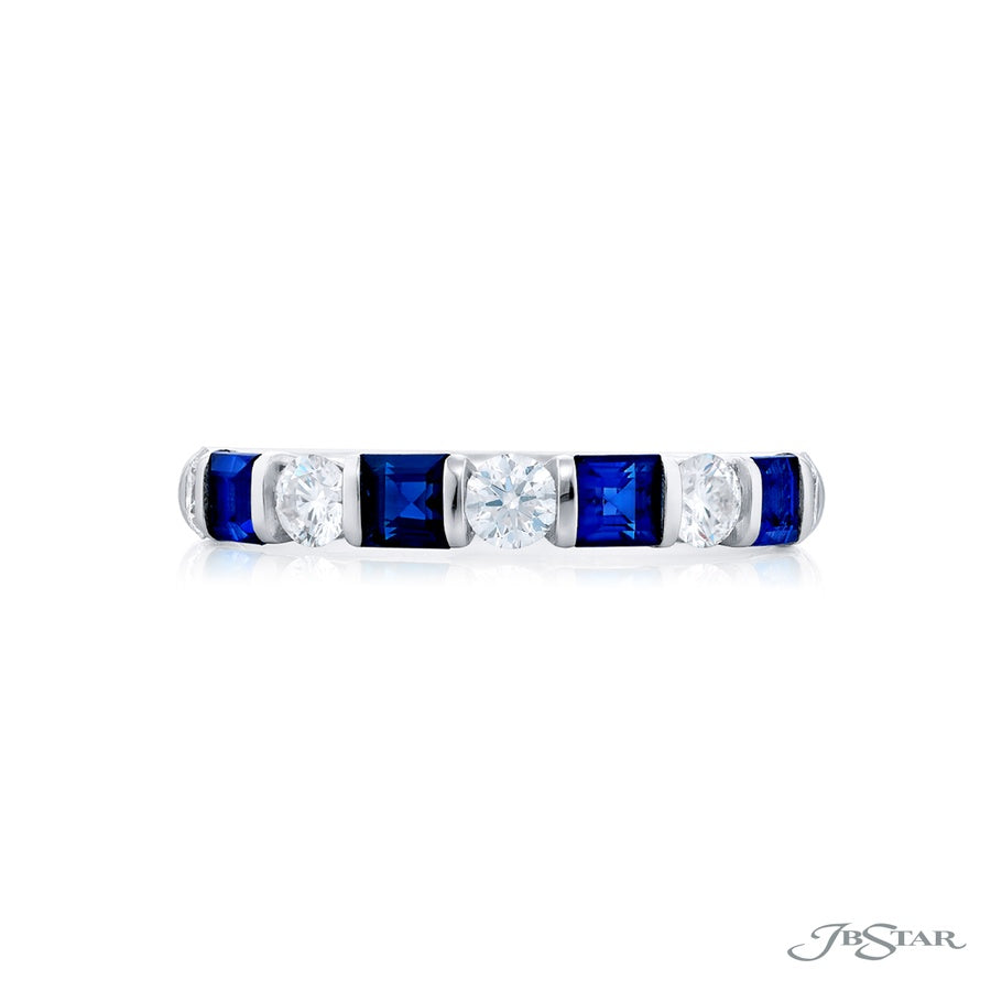 Platinum Square Emerald-Cut Sapphire and Round Diamond Single-Row Bar Set East-West Band