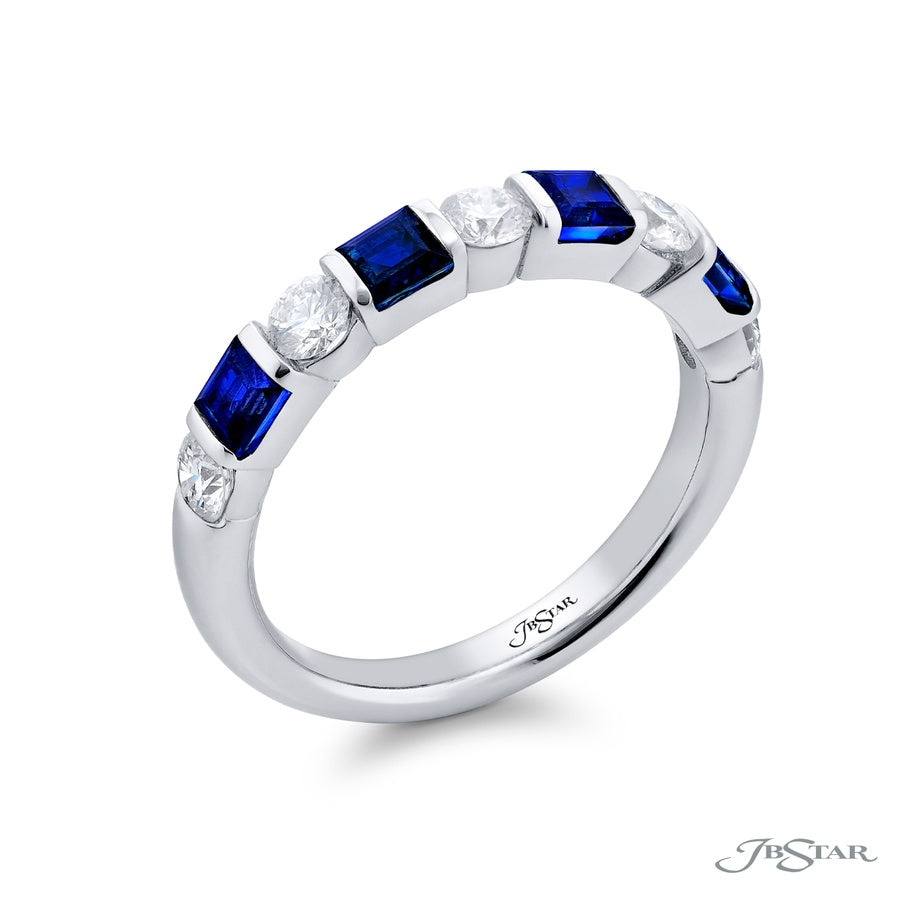 Platinum Square Emerald-Cut Sapphire and Round Diamond Single-Row Bar Set East-West Band