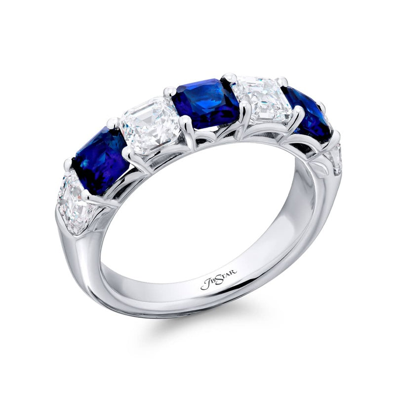 Platinum Radiant-Cut Sapphire and Square Emerald-Cut Diamond Single-Row Band