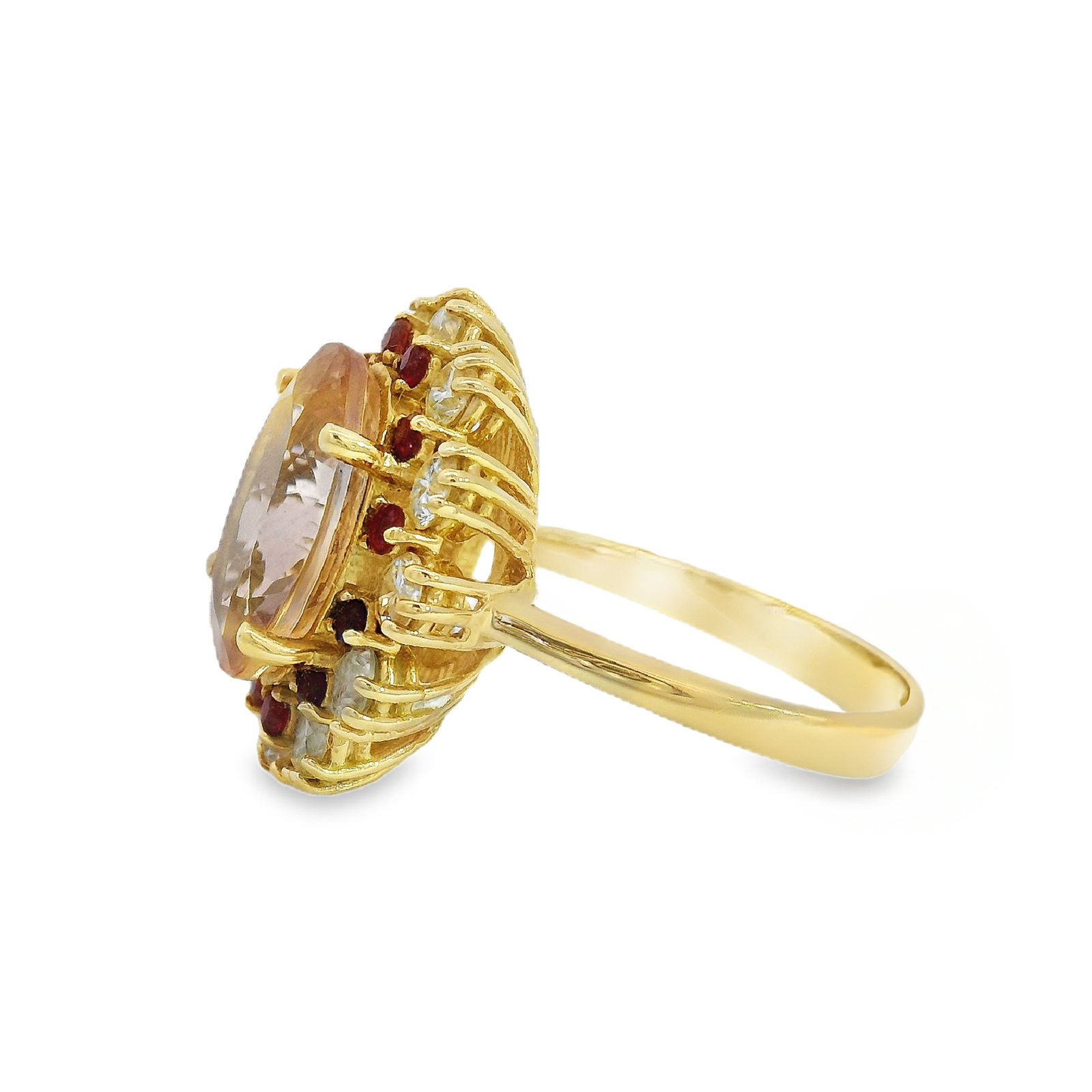 Morganite, Ruby & Diamond Halo Ring