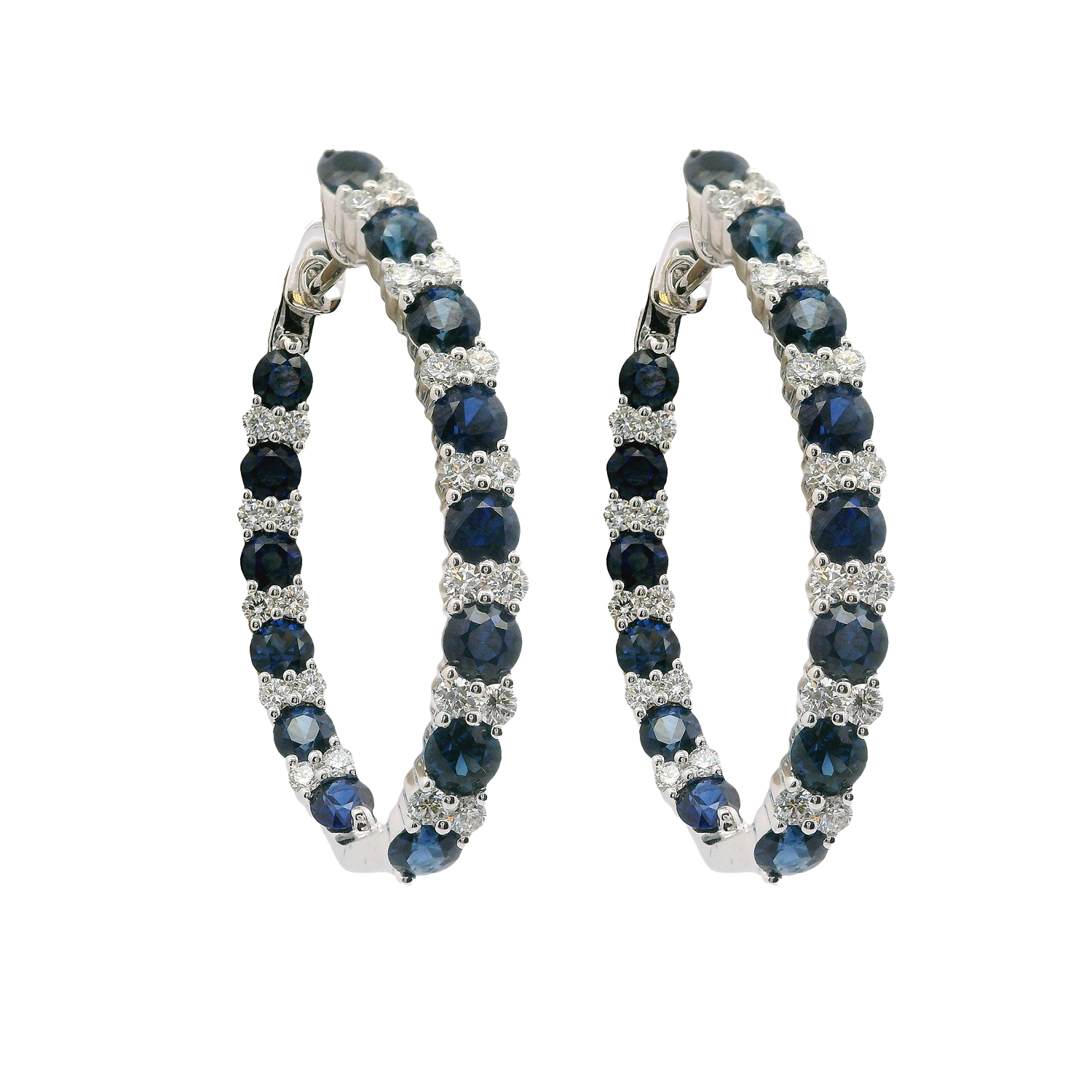 Blue Sapphire and Double Round Diamond Hoop Earrings