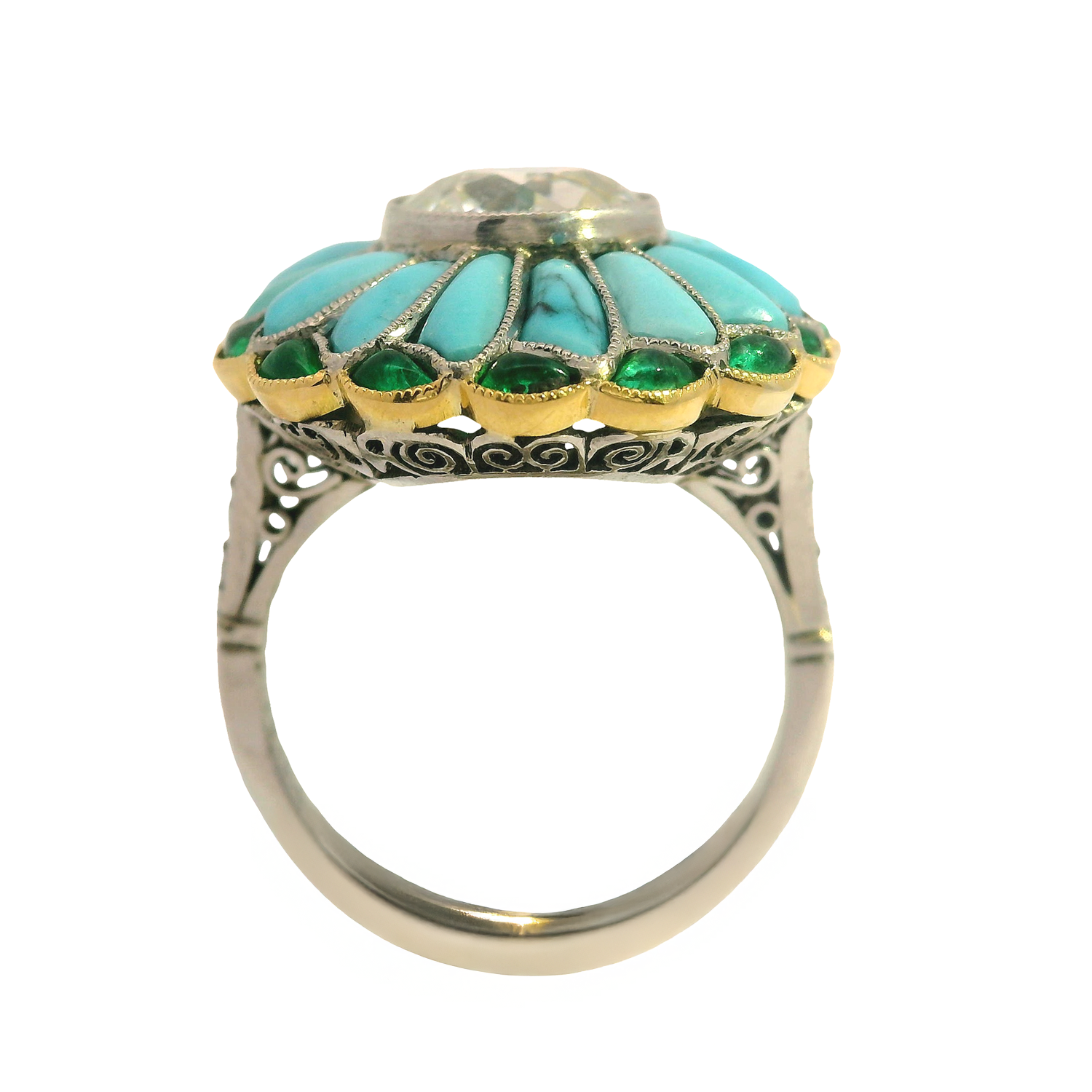 Vintage Old European Cut Diamond Ring with Turquoise and Cabochon Emerald Halo