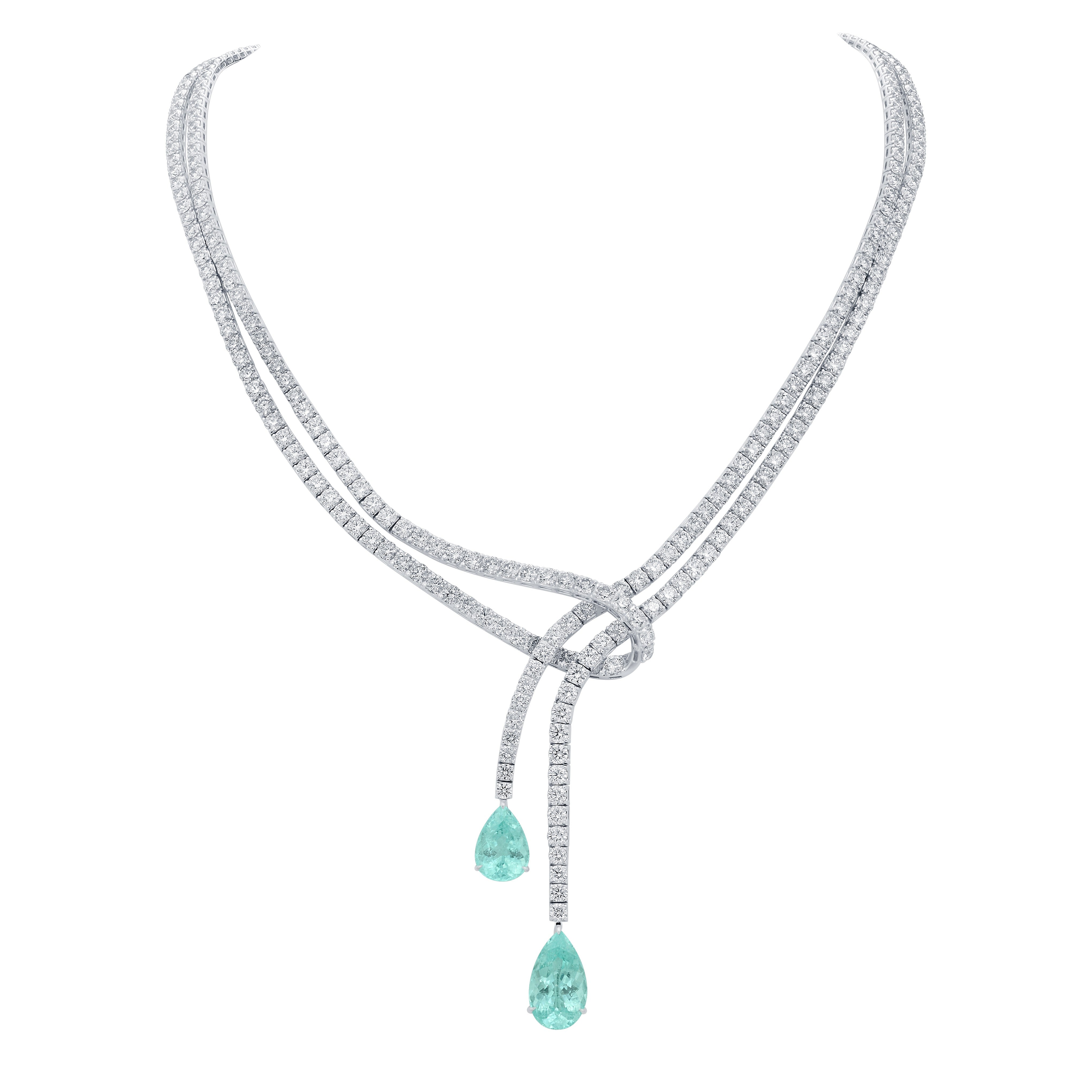 Pear Paraiba and Diamond Ribbon Necklace