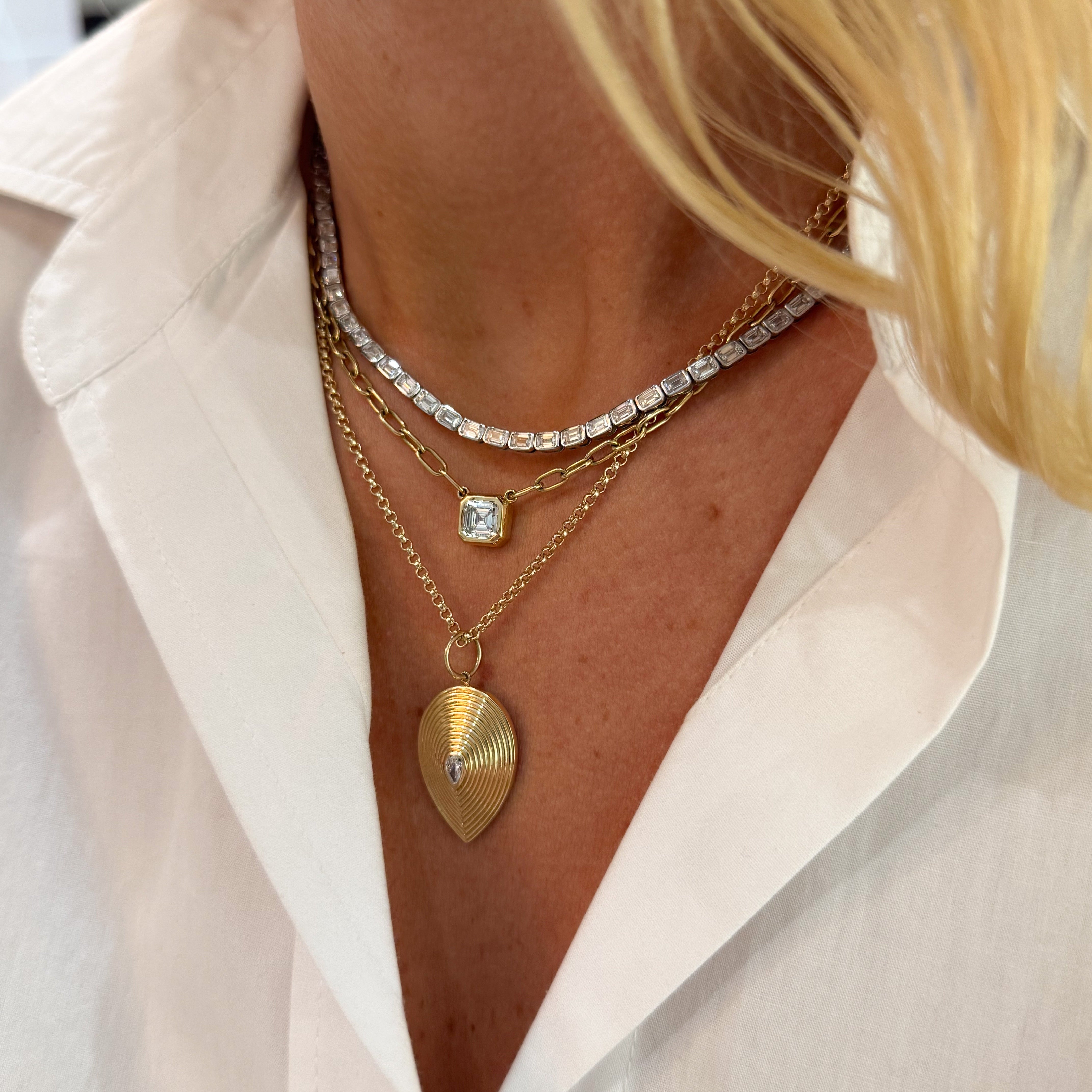 14.80ctw East/West Bezeled Emerald Cut Diamond Tennis Necklace