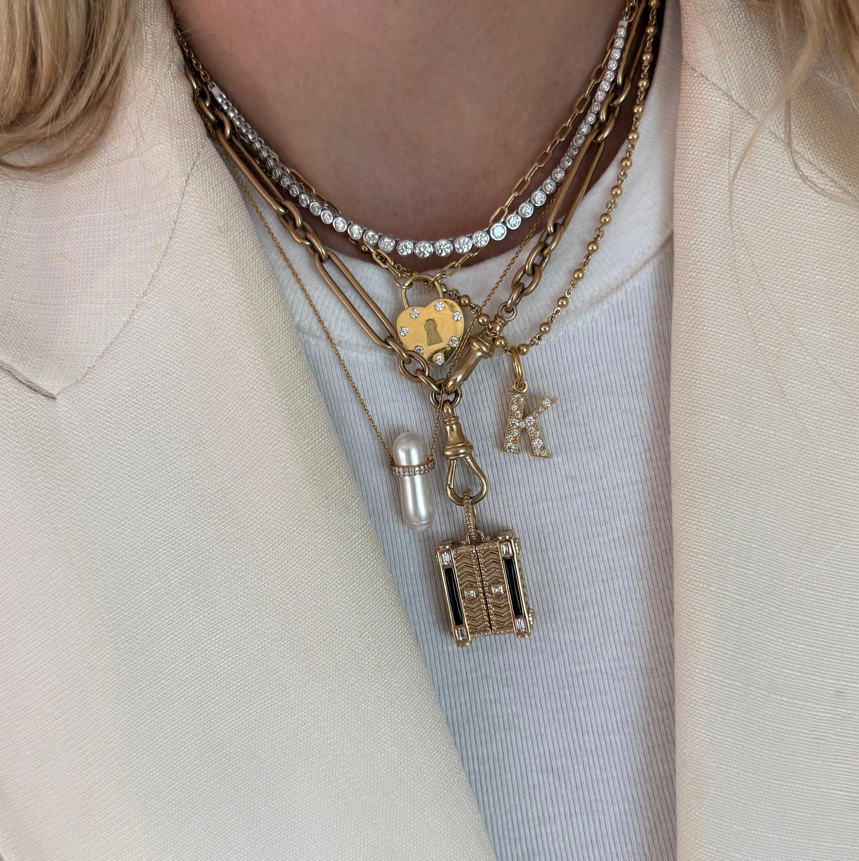 North-South Elongated Pearl and Pavé Diamond Necklace