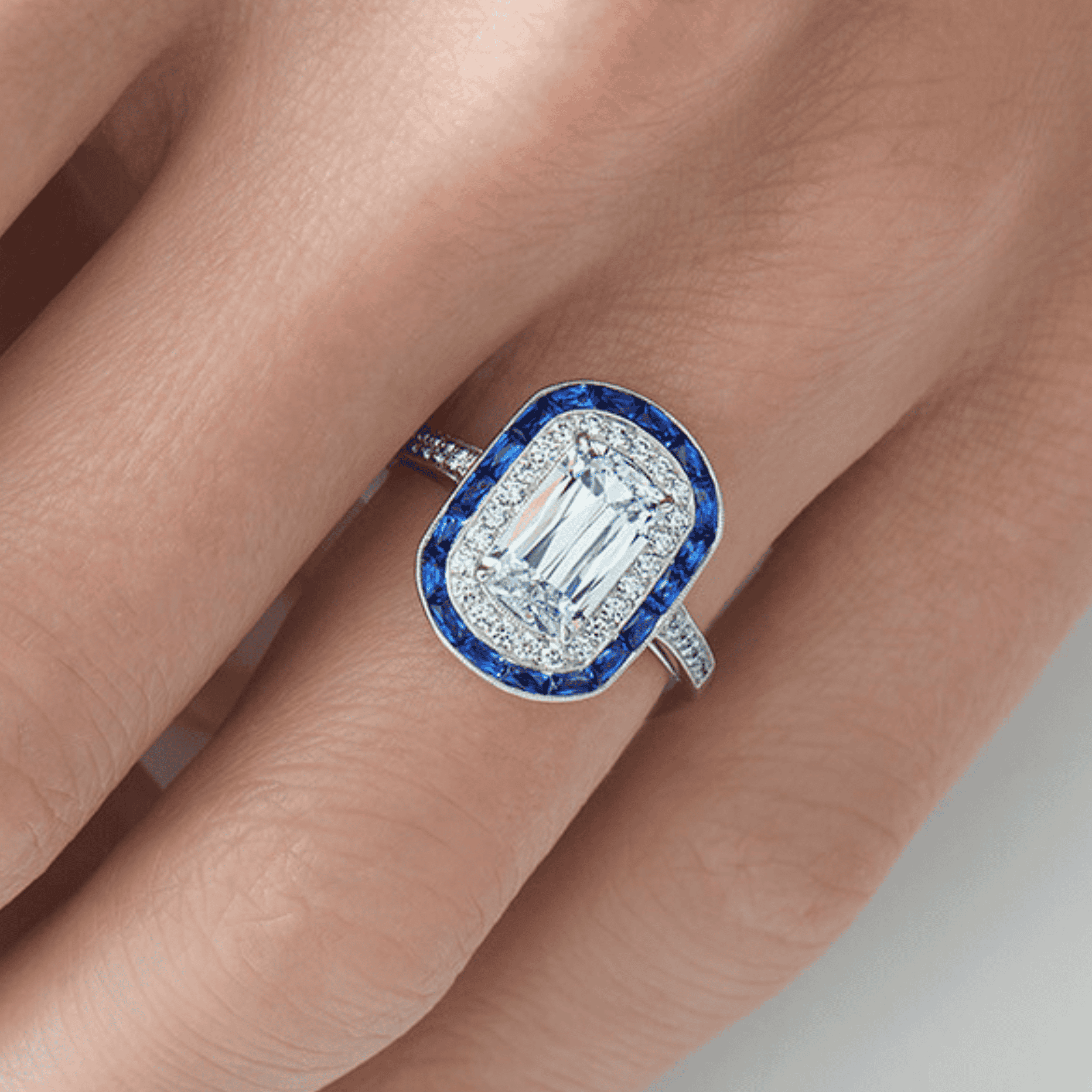 Ashoka Diamond Ring with Sapphire and Diamond Double Halo
