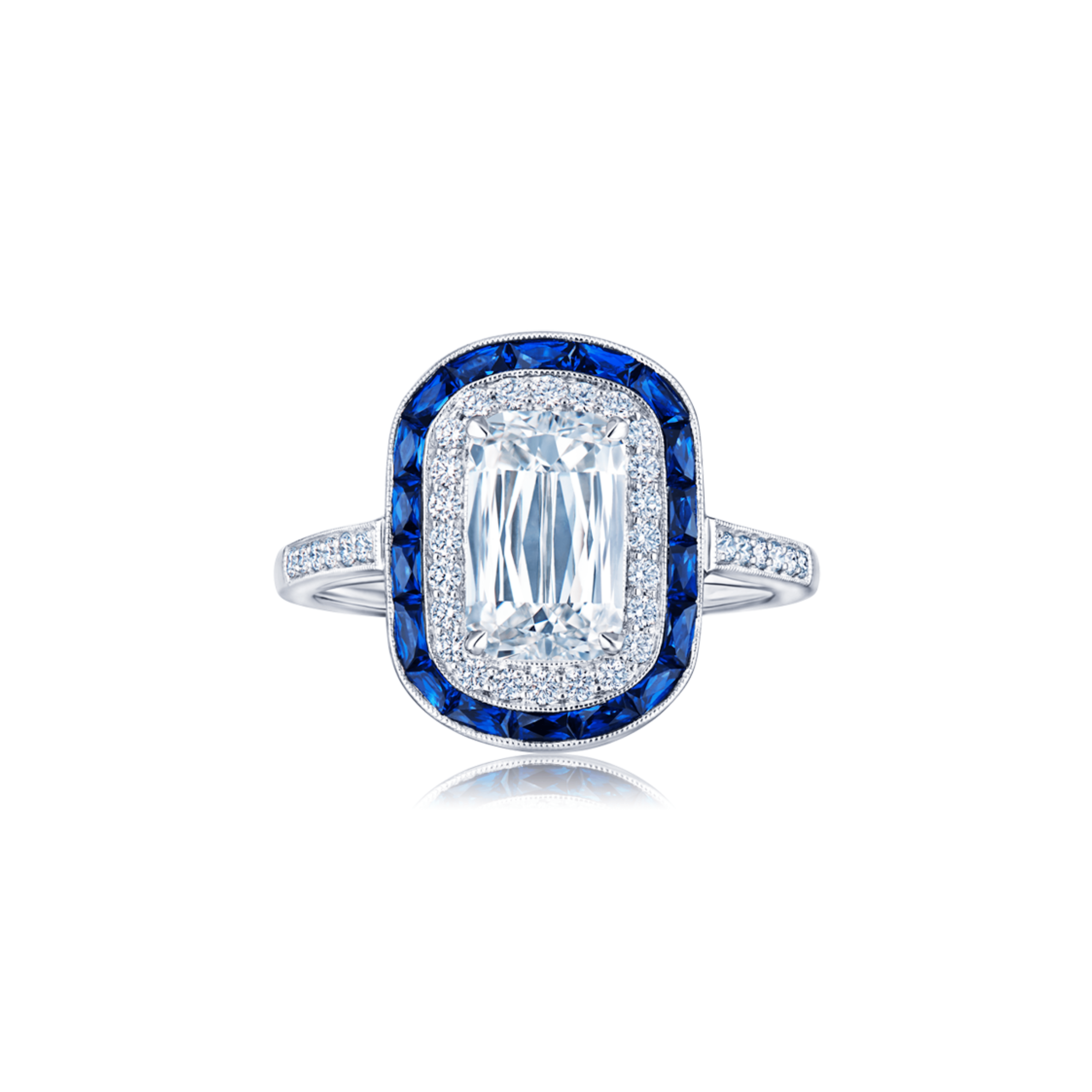 Ashoka Diamond Ring with Sapphire and Diamond Double Halo