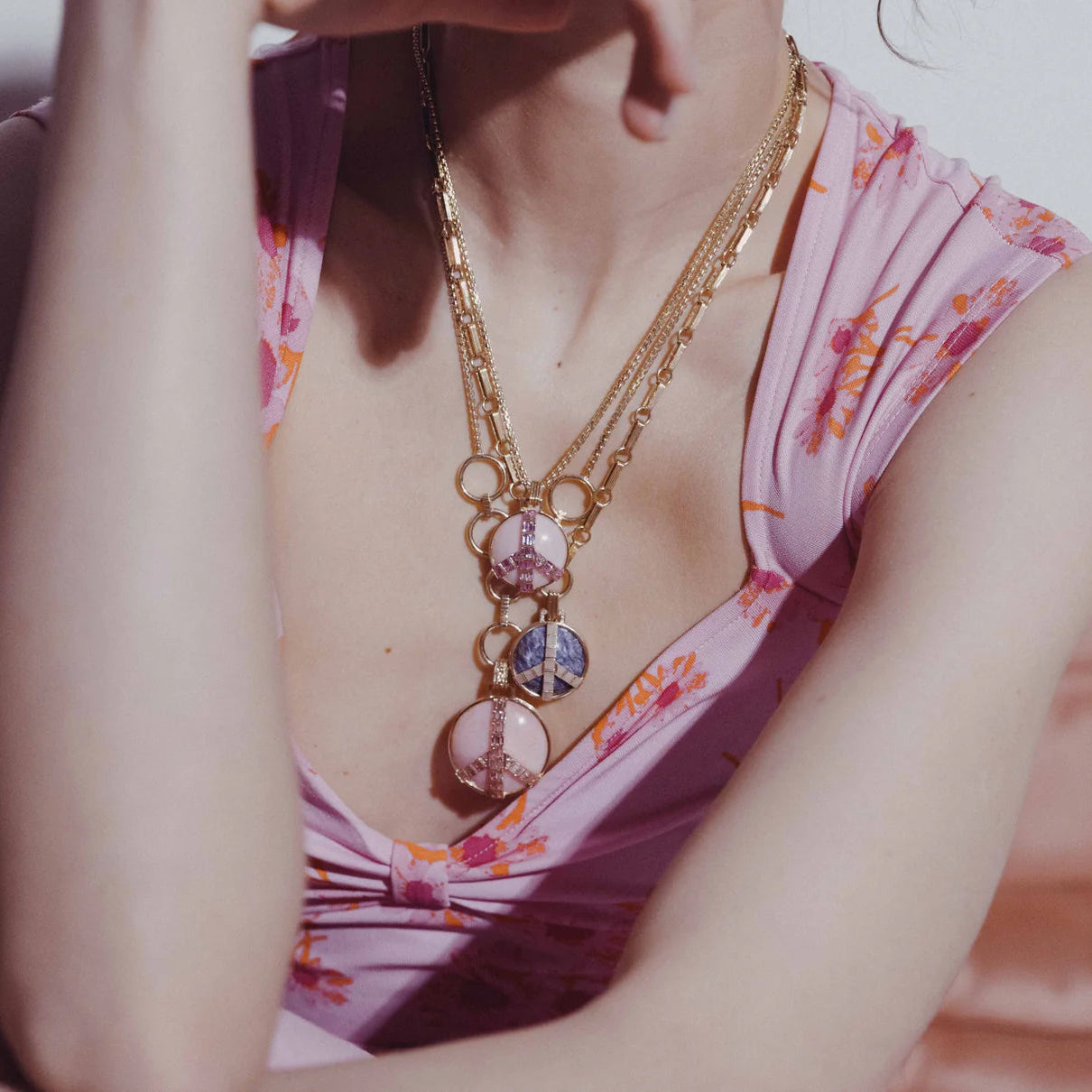 Grandsize Peace Necklace in Pink Opal and Pink Tourmaline