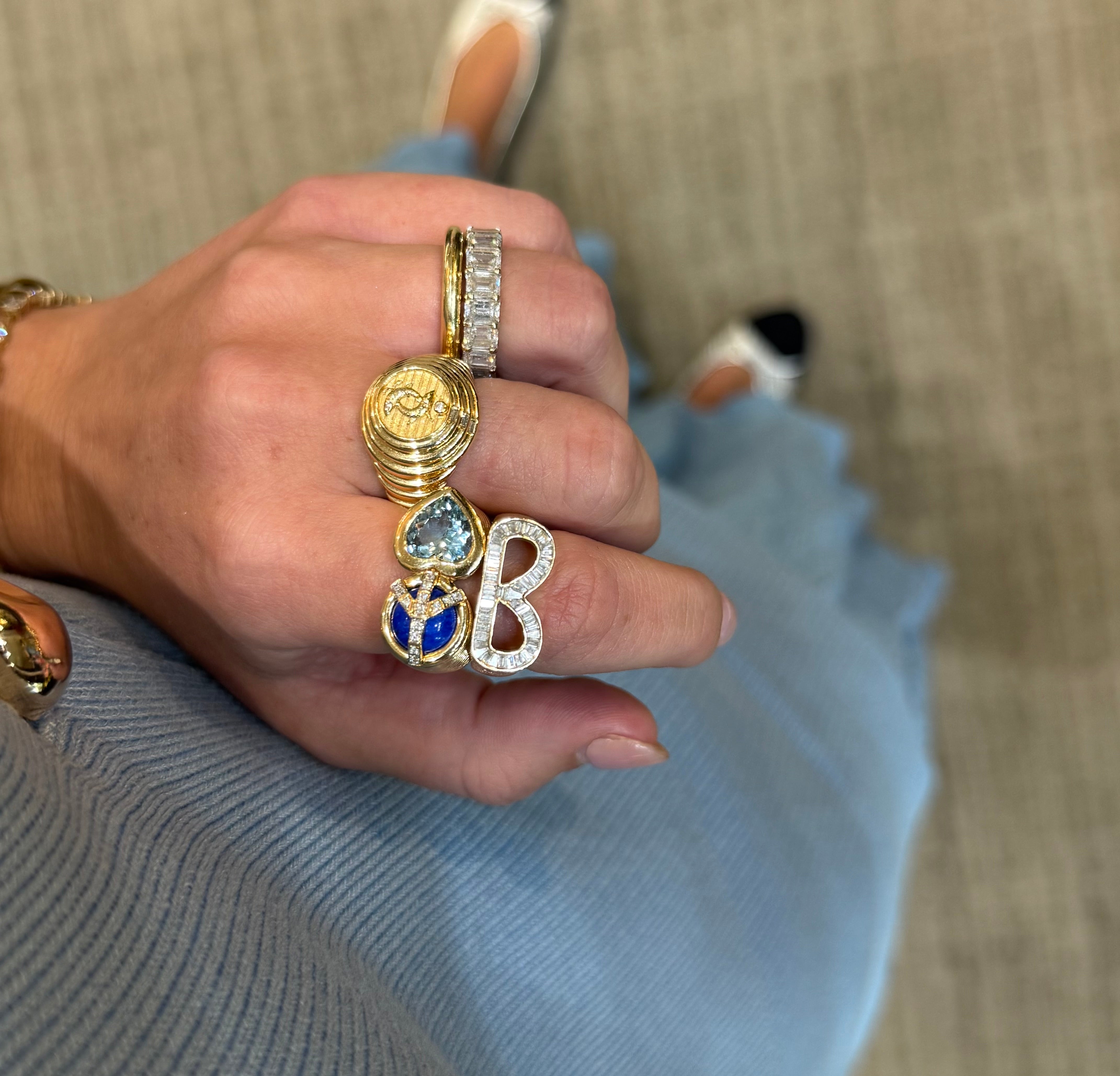 Grandsize Ribbed Diamond-Encrusted Initial Ring