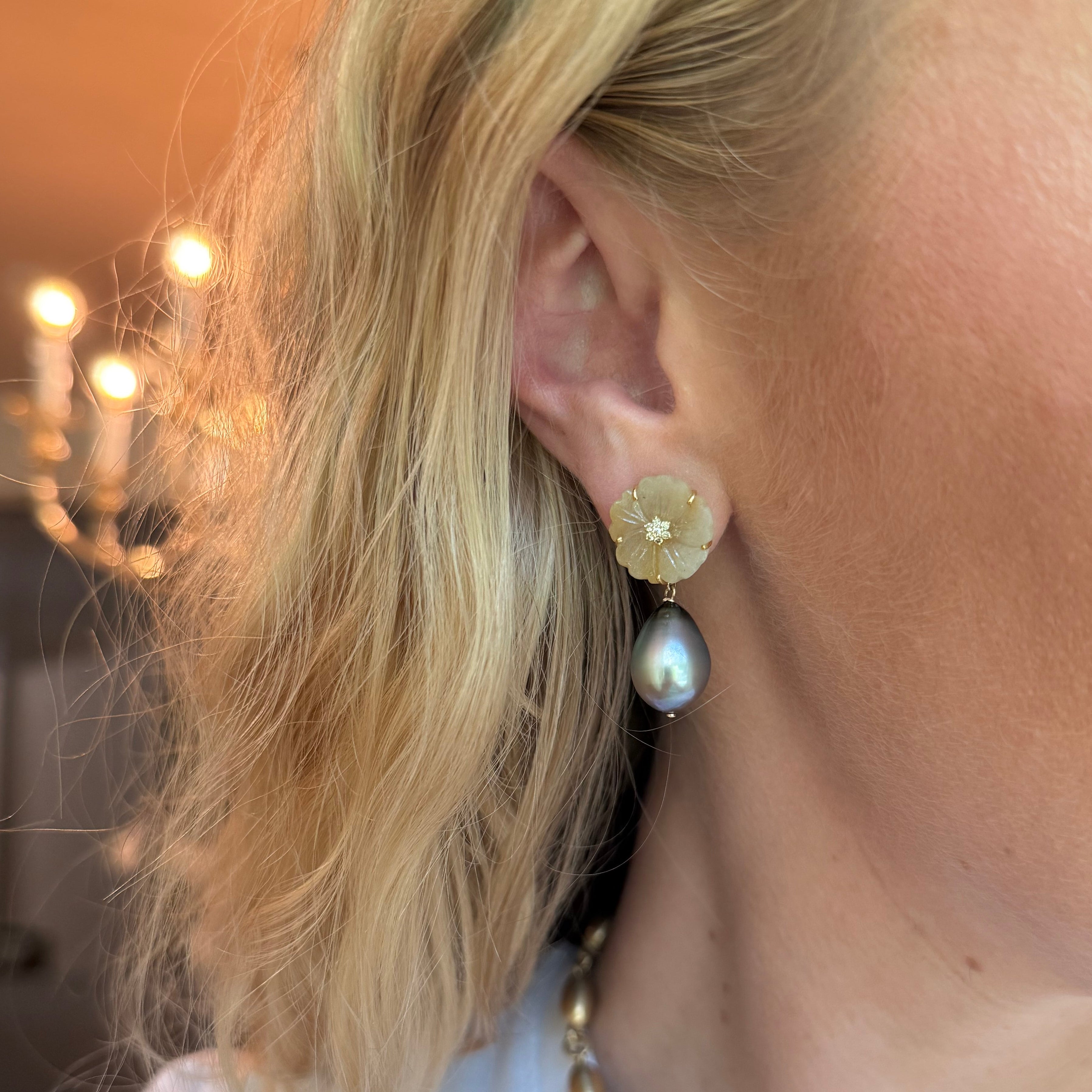Vintage Reverso Carved Sapphire Flower Drop Pearl Earrings