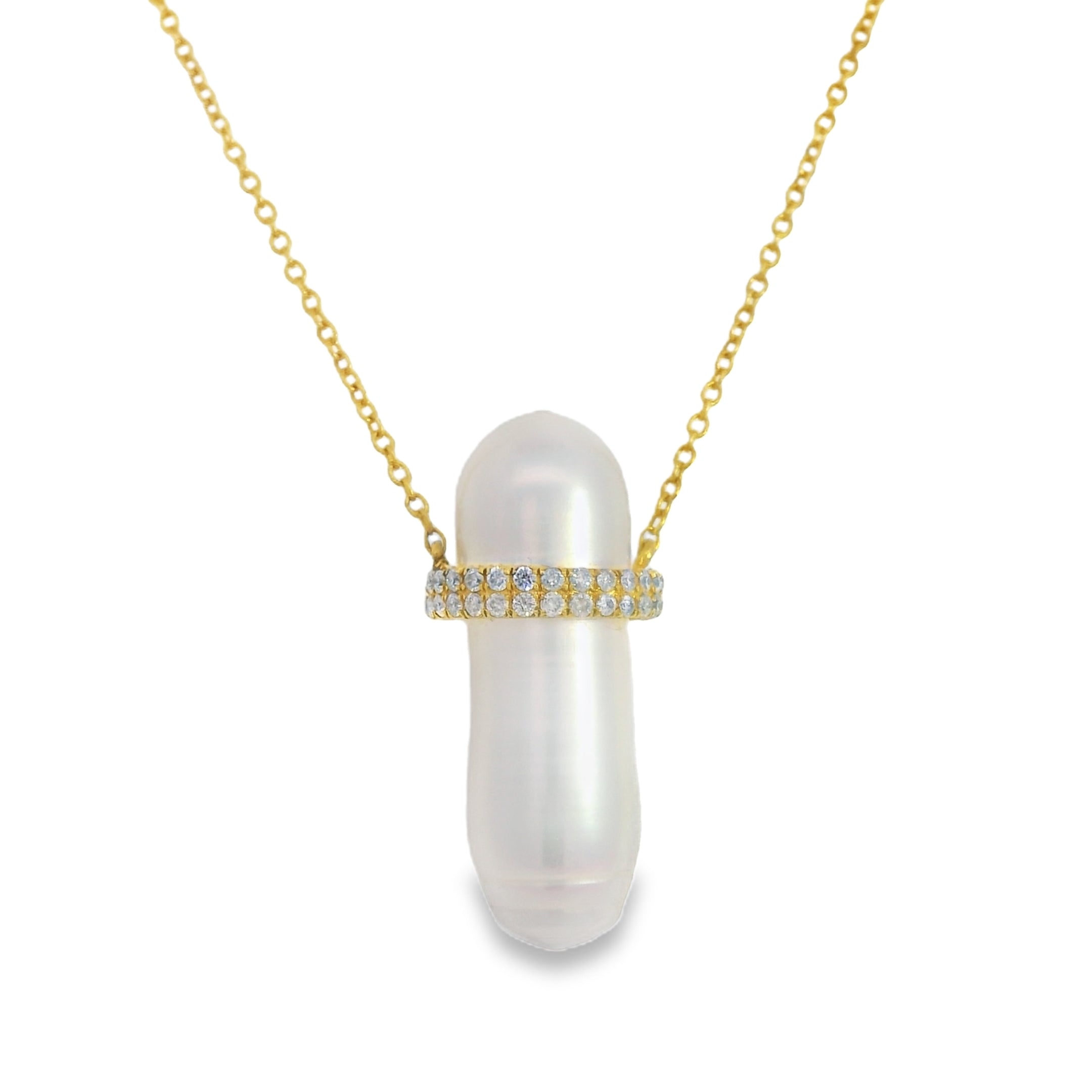 North-South Elongated Pearl and Pavé Diamond Necklace