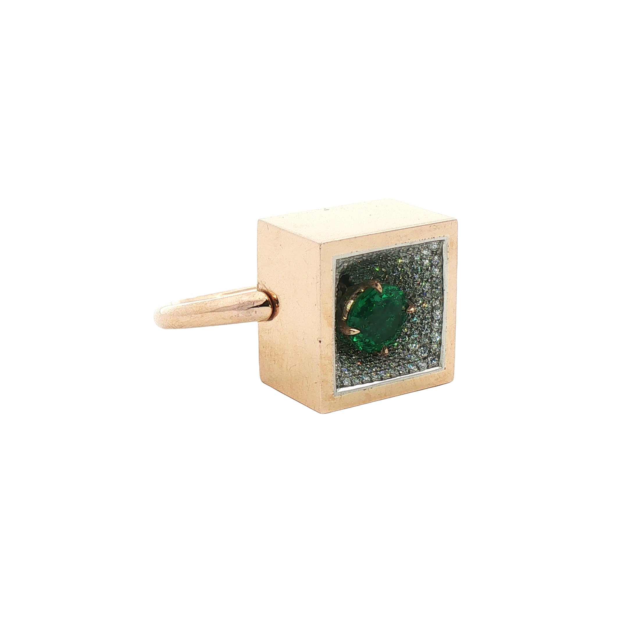 Round Emerald and Pavé Diamond Square Top Ring