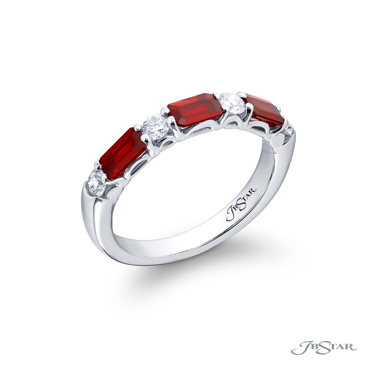 Alternating East-West Emerald Cut Ruby and Round Diamond Half-Band