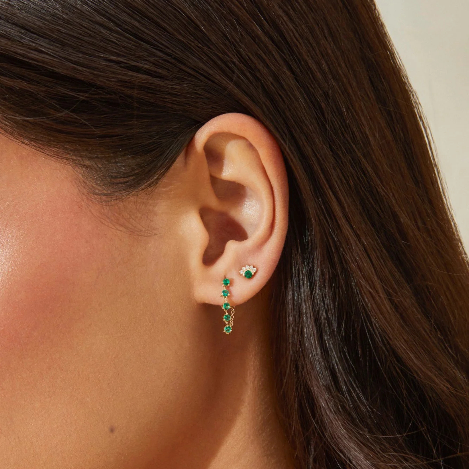 Multi Emerald Chain Stud Earrings