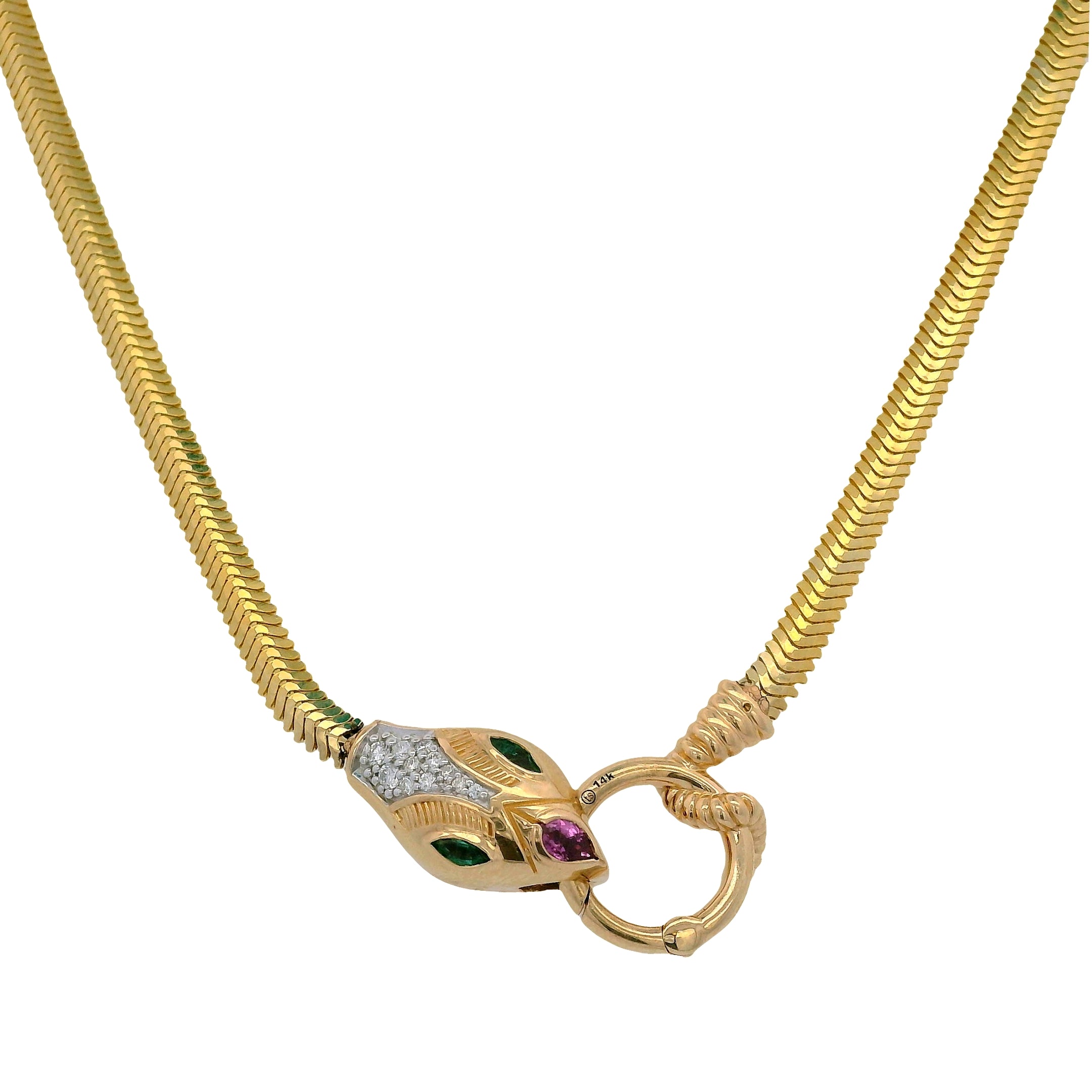 Double Sided Diamond, Emerald, and Ruby Serpent Necklace