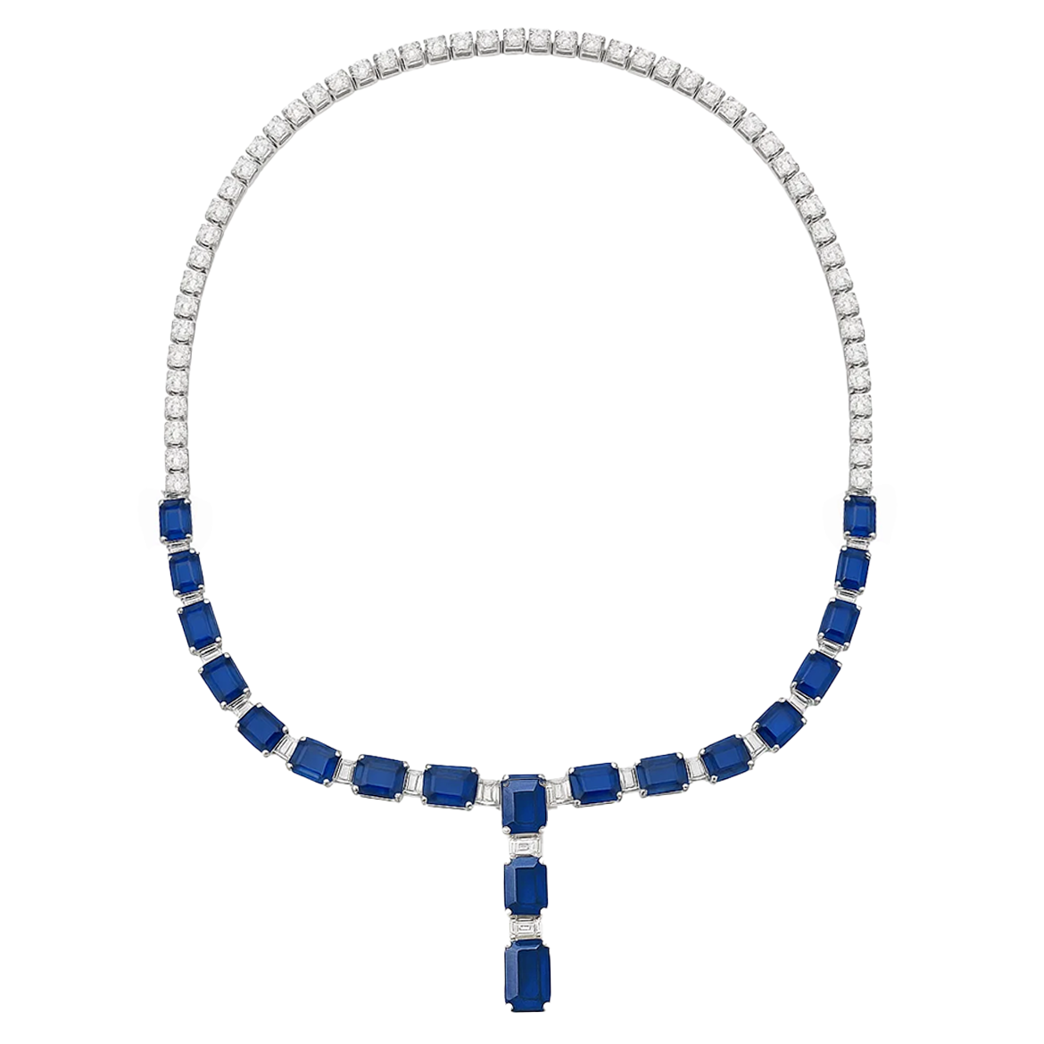 Emerald Cut Sapphire and Diamond Drop Necklace