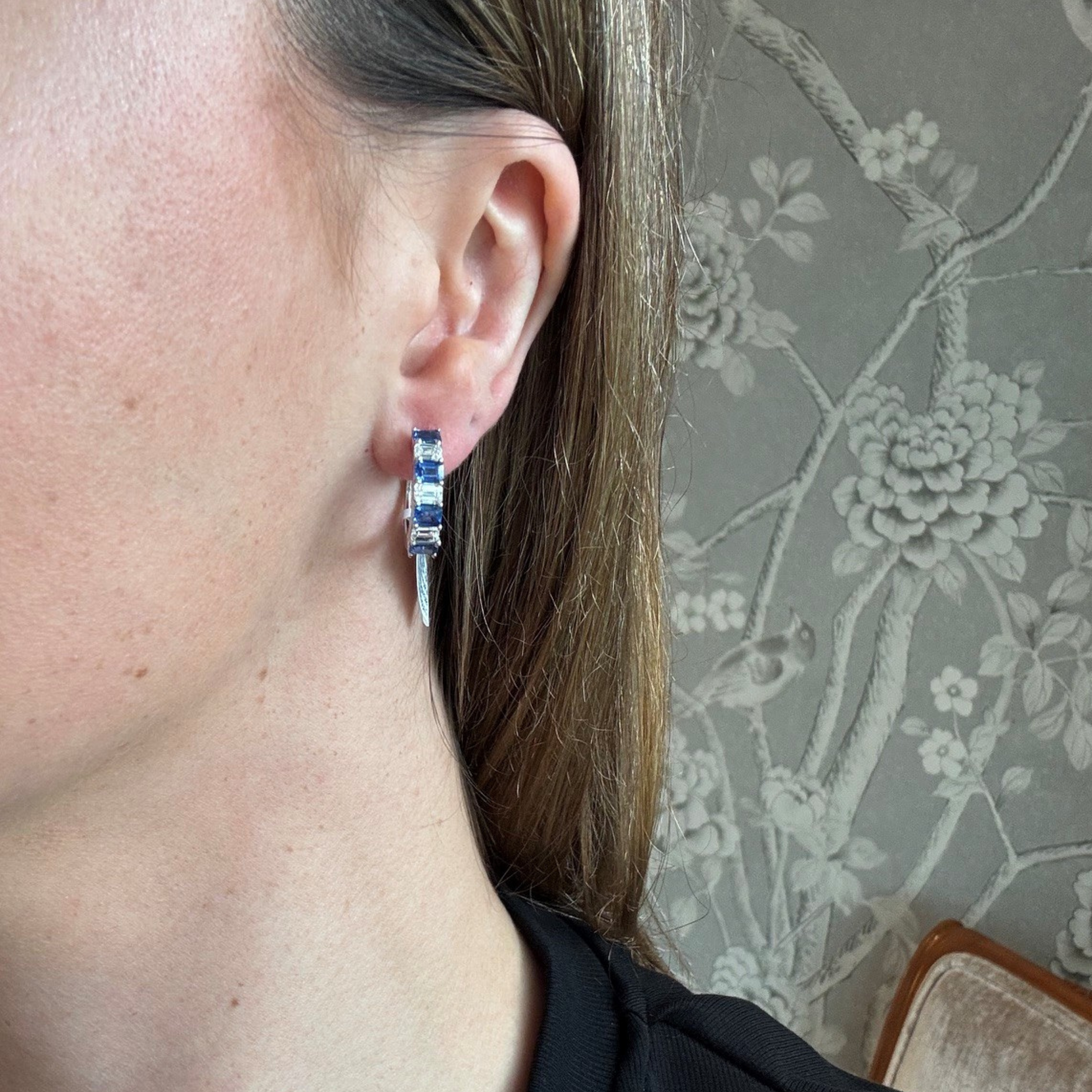 Alternating Sapphire and Diamond Hoop Earrings