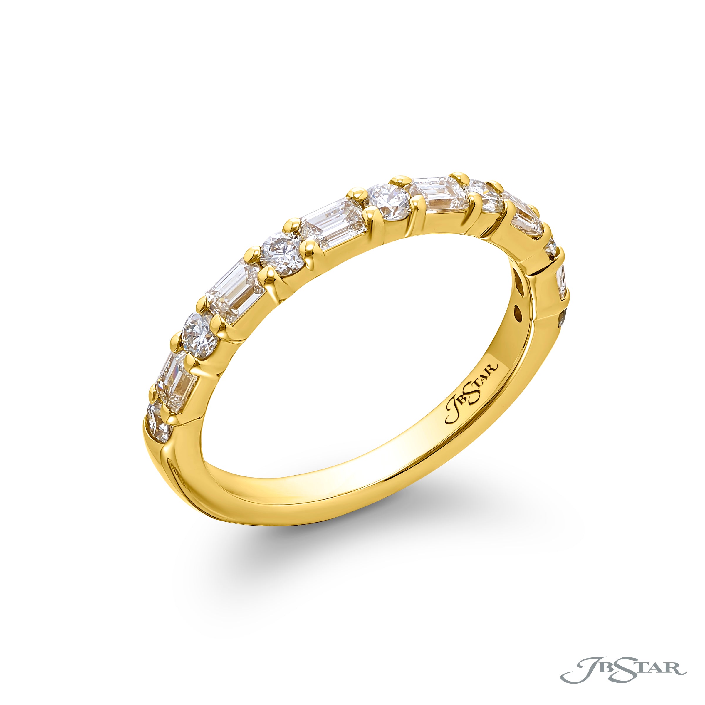 Alternating East-West Emerald Cut and Round Diamond Half-Band