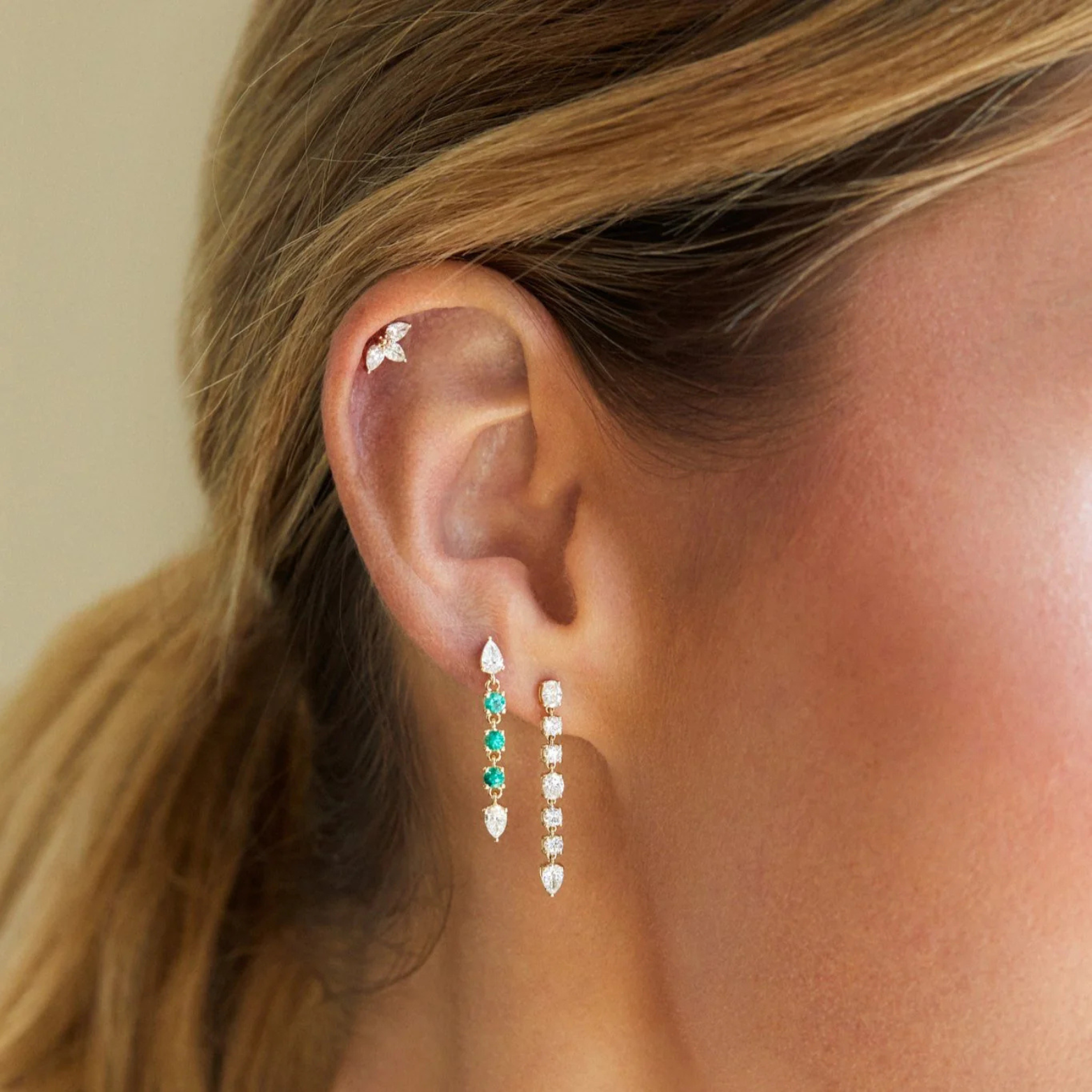 Diamond & Emerald Drop Stud Earrings