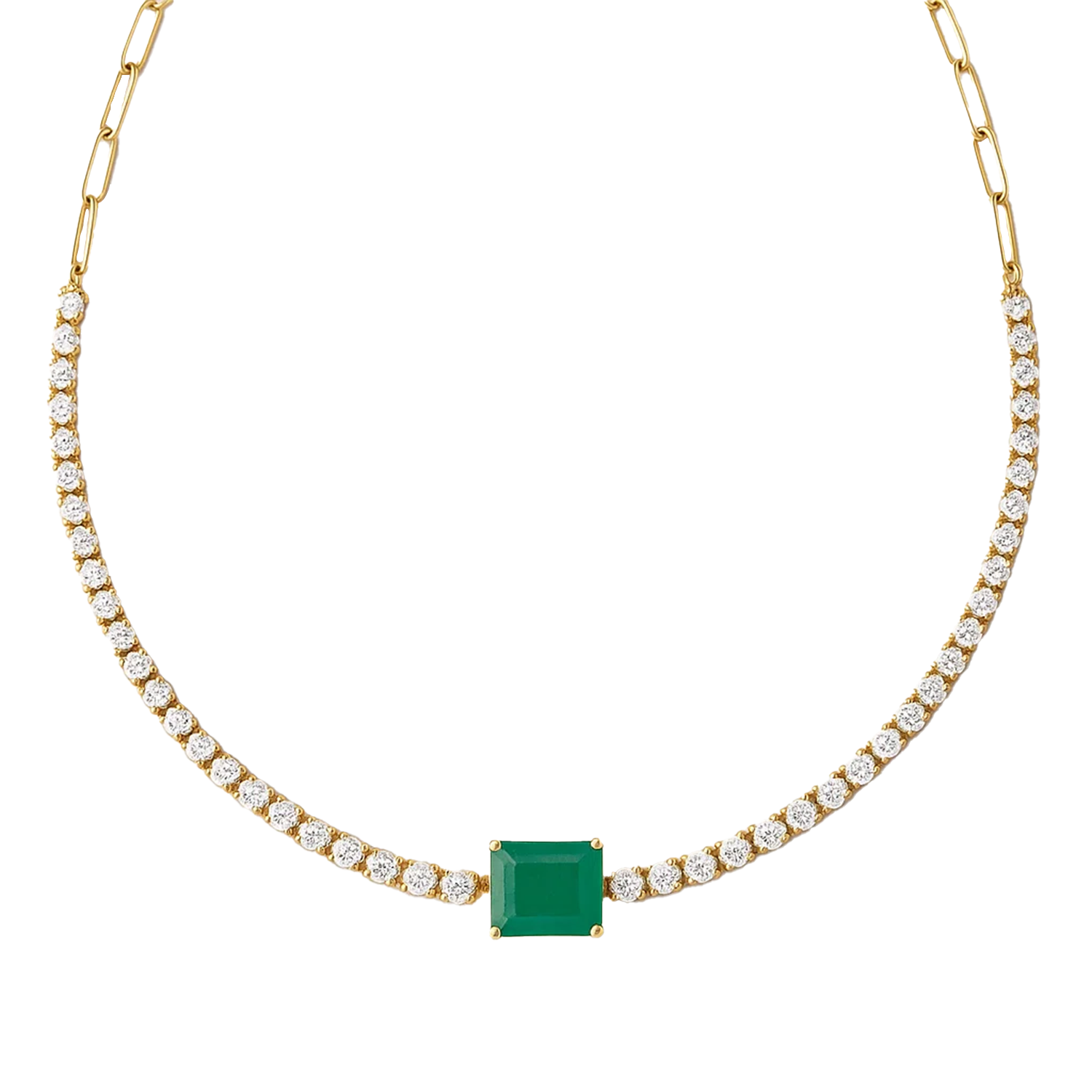Half Crown Set Diamond Necklace with East-West Emerald Center on Paperclip Chain