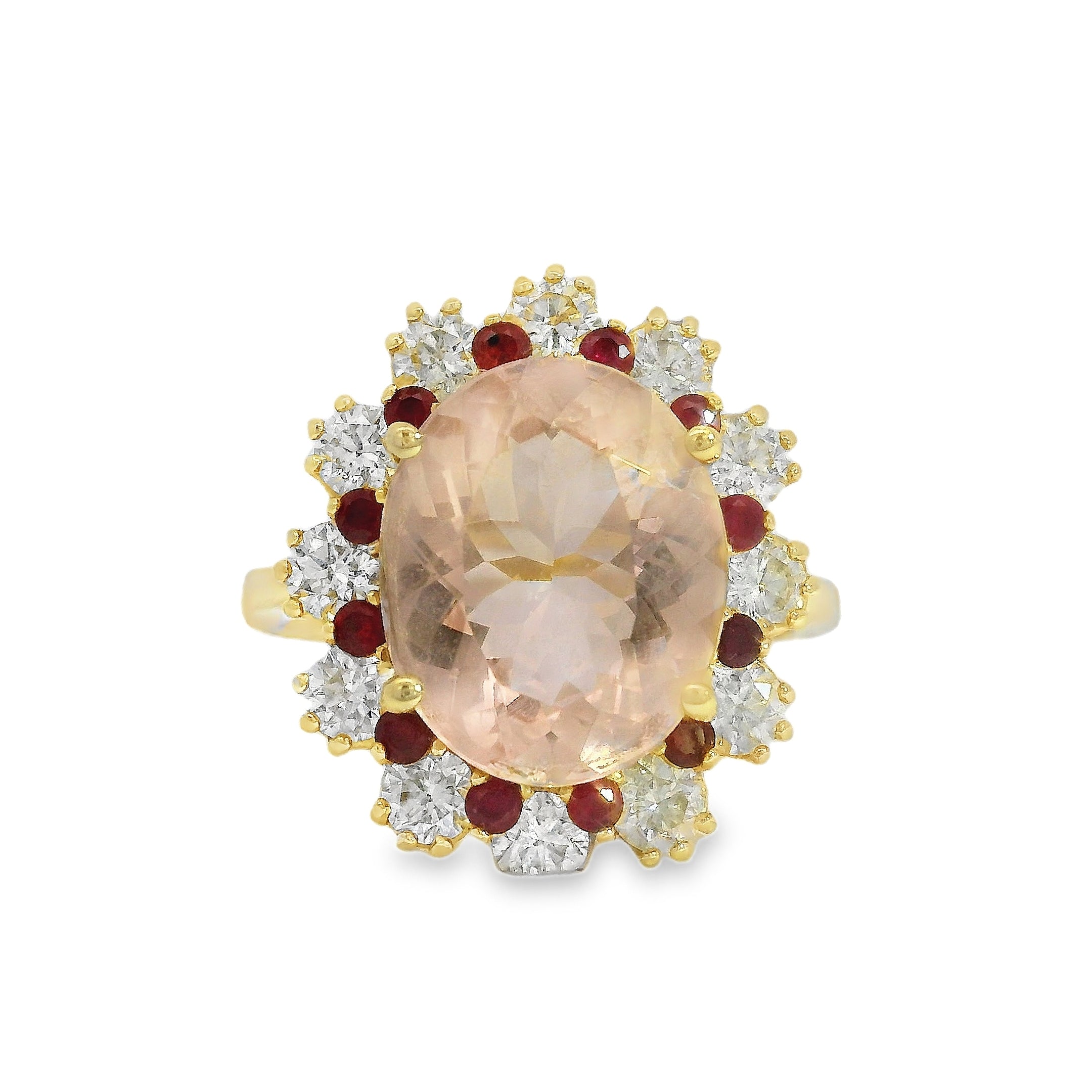 Morganite, Ruby & Diamond Halo Ring
