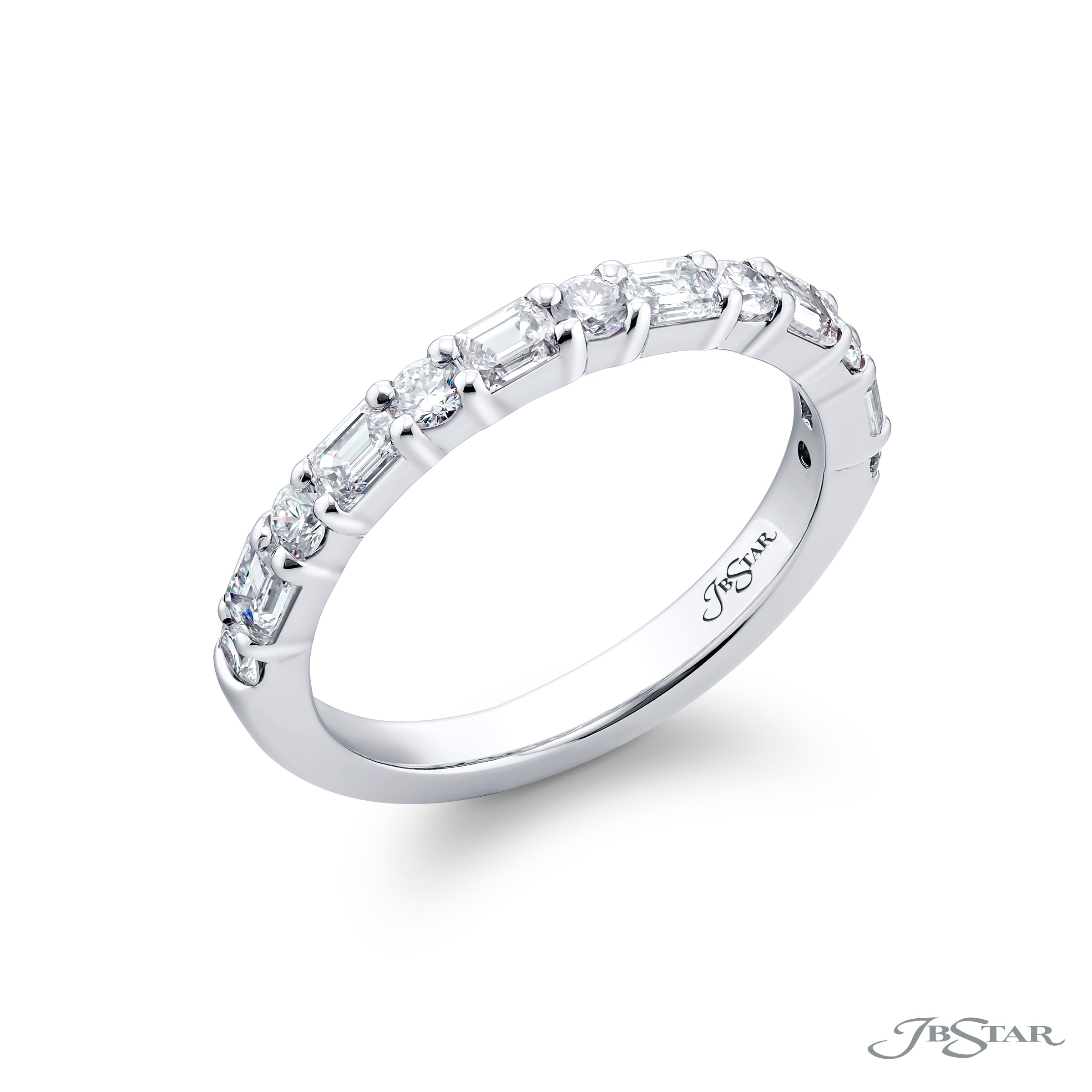 Alternating East-West Emerald Cut and Round Diamond Half-Band