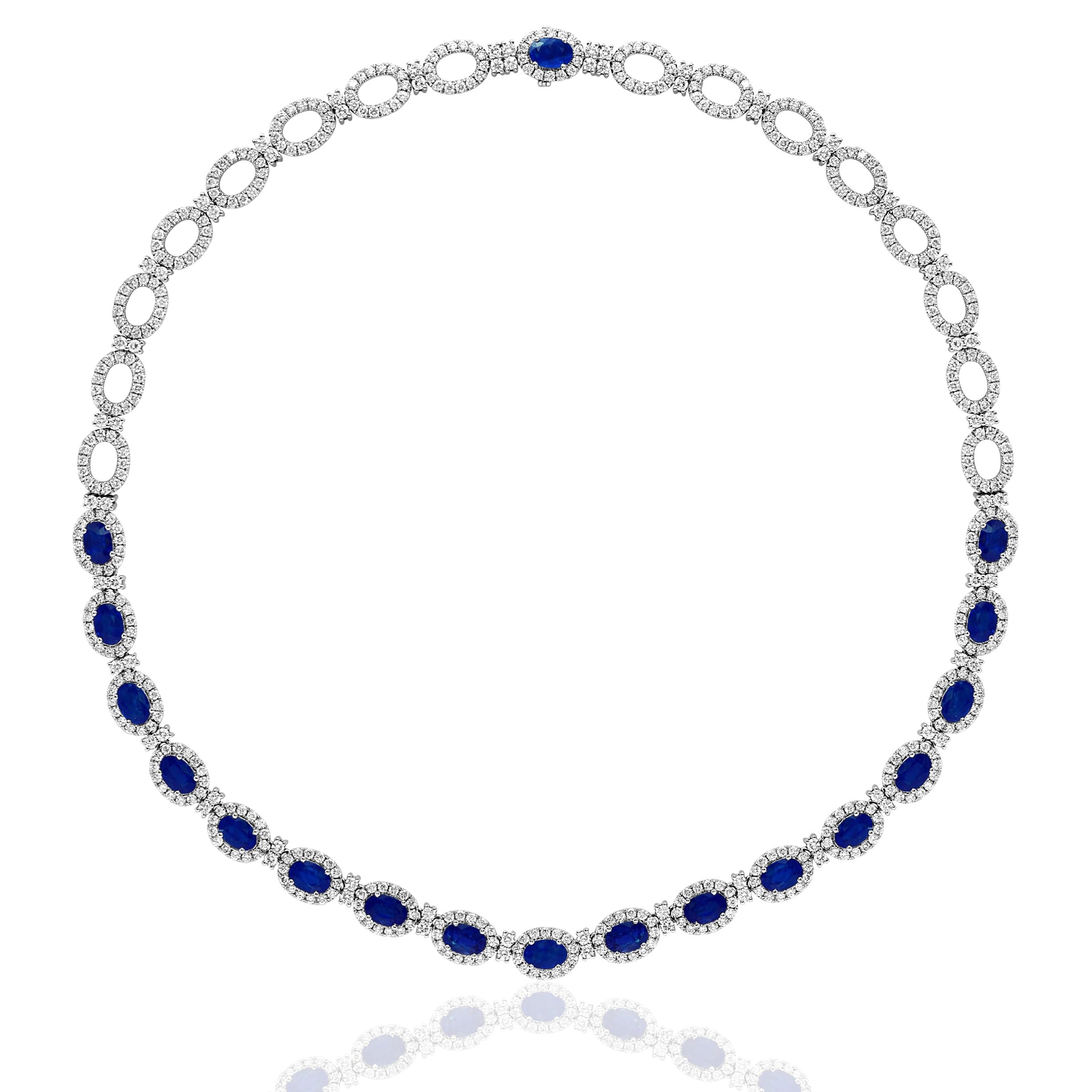 Oval Ceylon Sapphire and Diamond Cluster Necklace