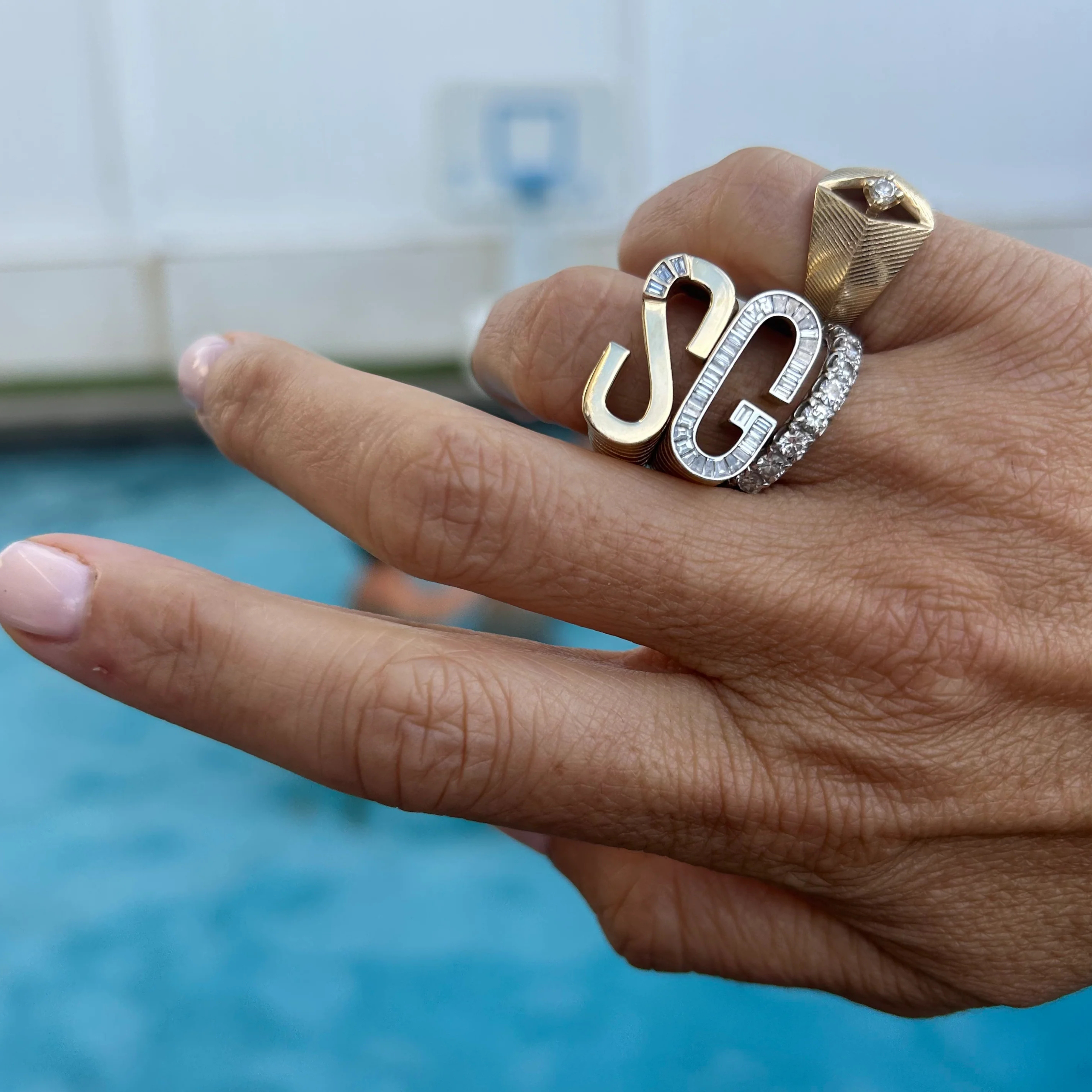 Grandsize Ribbed Diamond-Encrusted Initial Ring