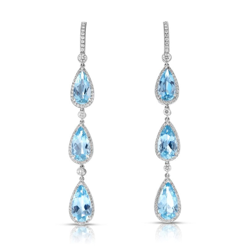 Pear Aquamarine Triple Drop Earrings with Pavé Diamonds