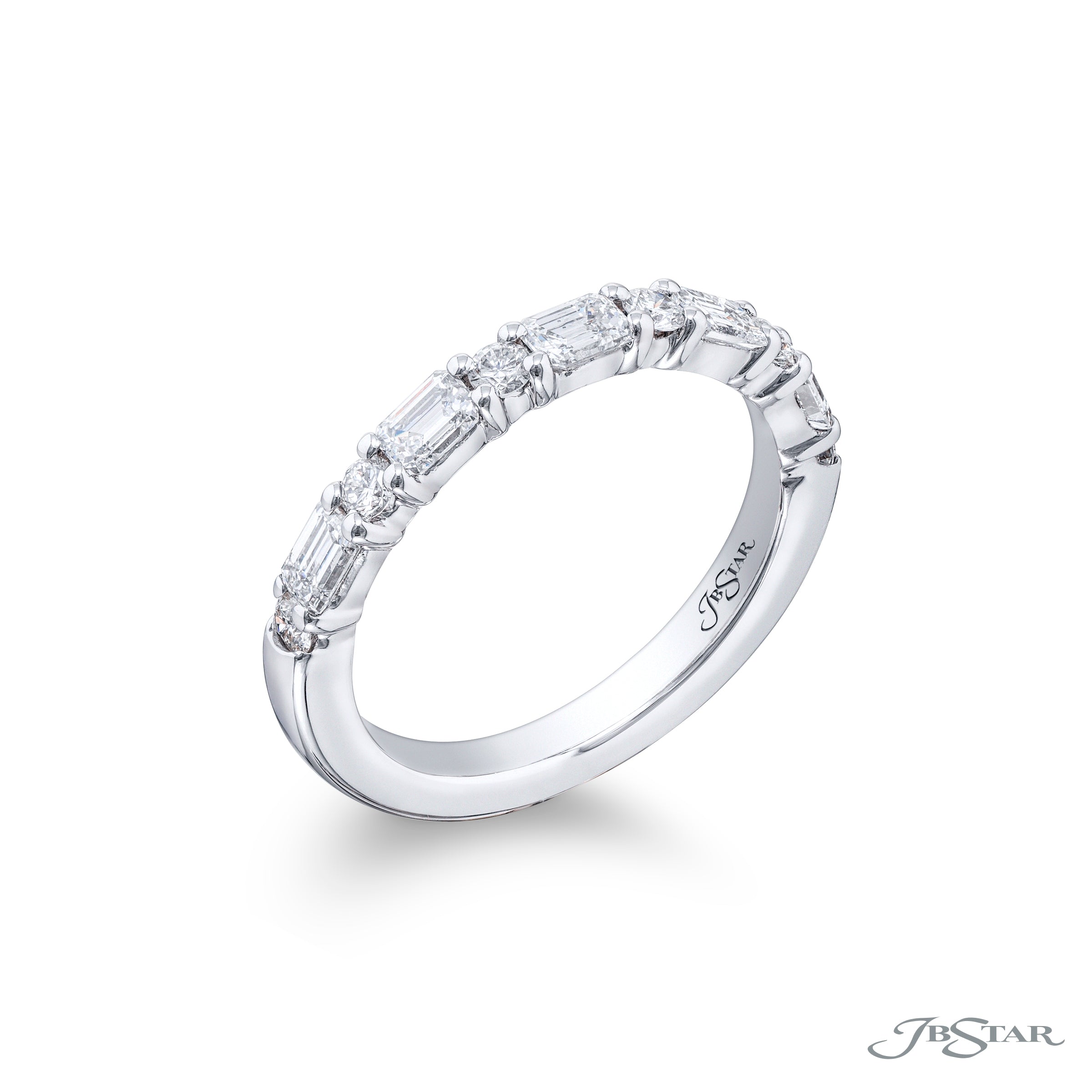 Alternating East-West Emerald Cut and Round Diamond Half-Band