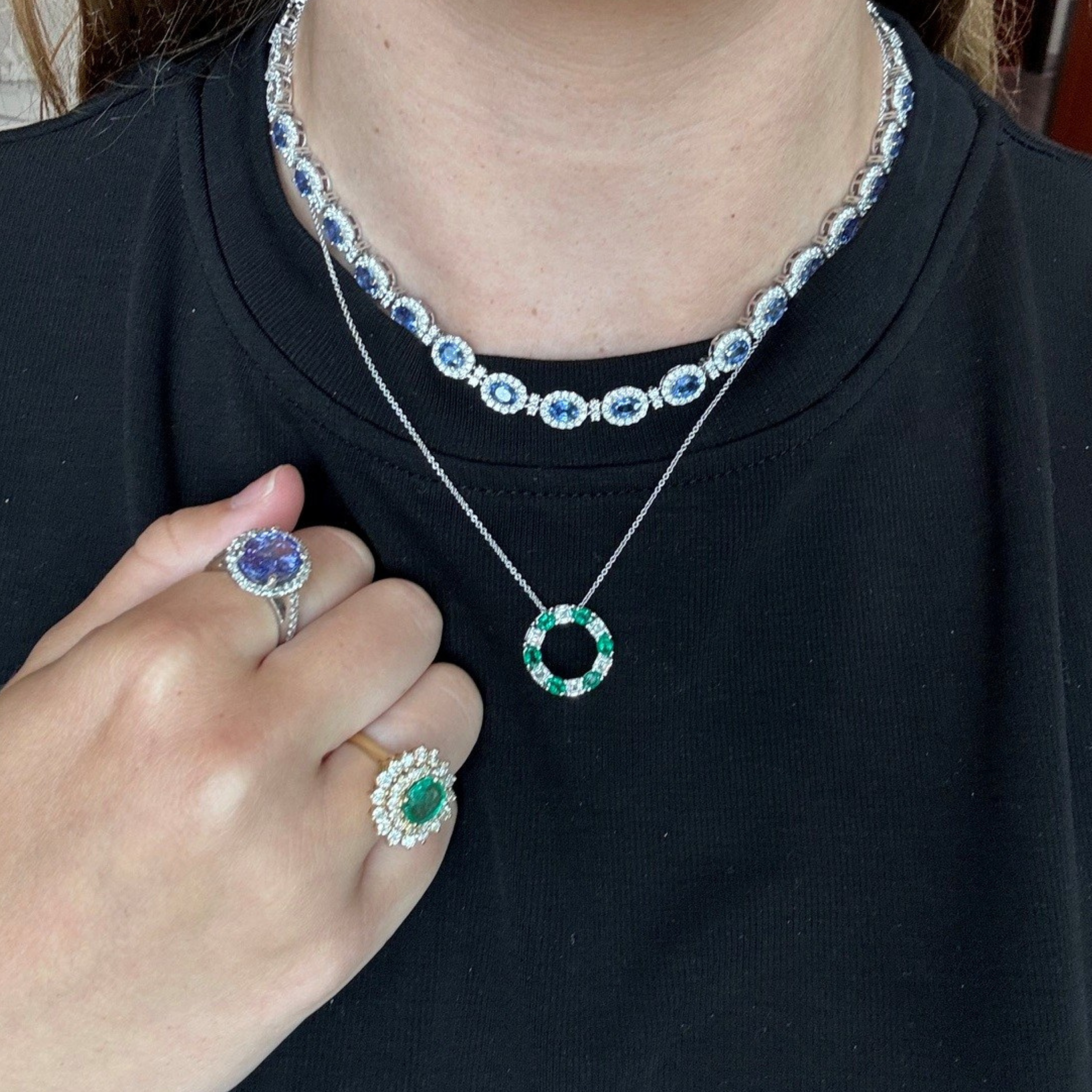 Oval Ceylon Sapphire and Diamond Cluster Necklace