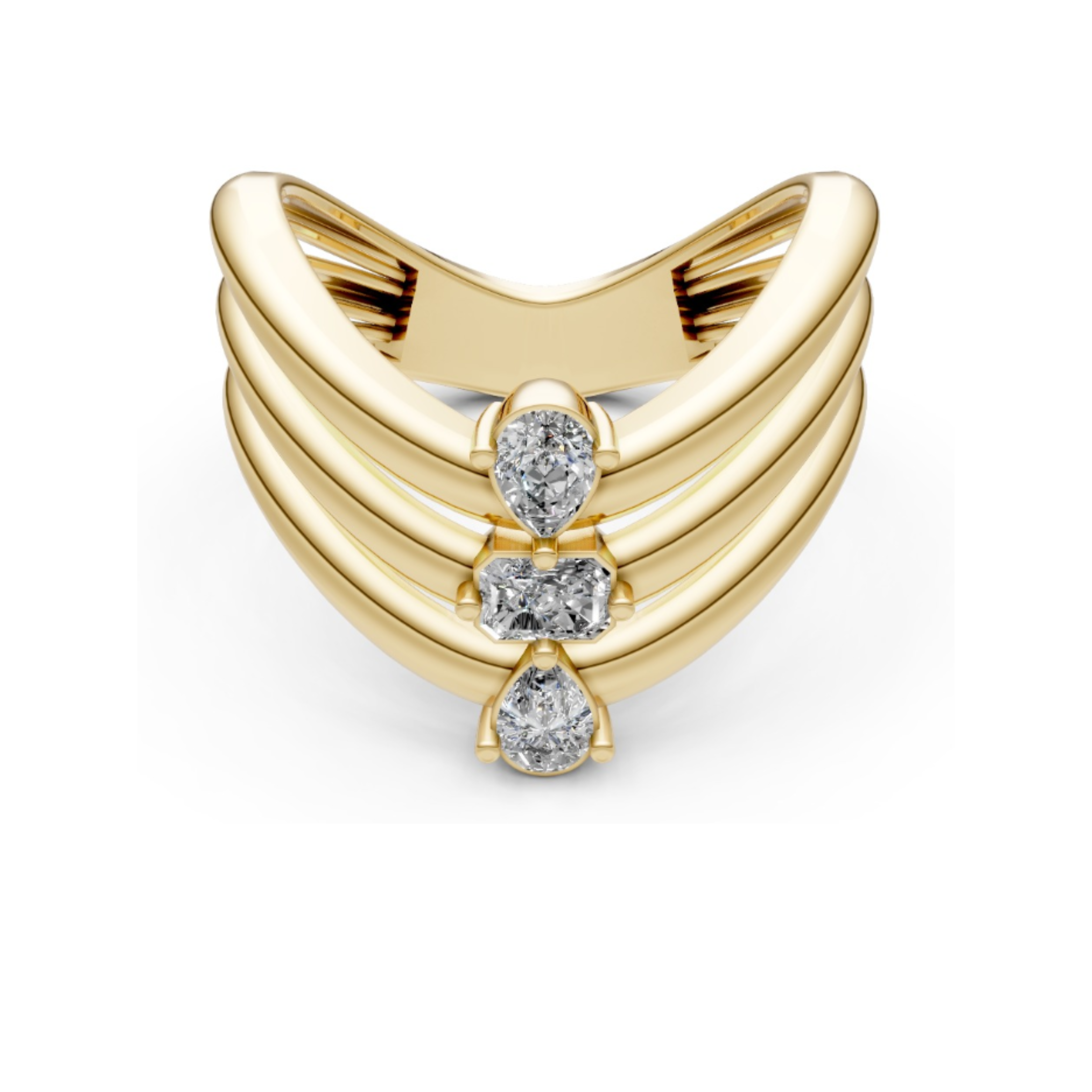 Pear and Emerald Cut Diamond Three-Stone Wave Ring