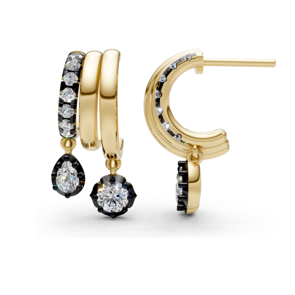 Collet Set Pear and Round Diamond Split Dangle Earrings