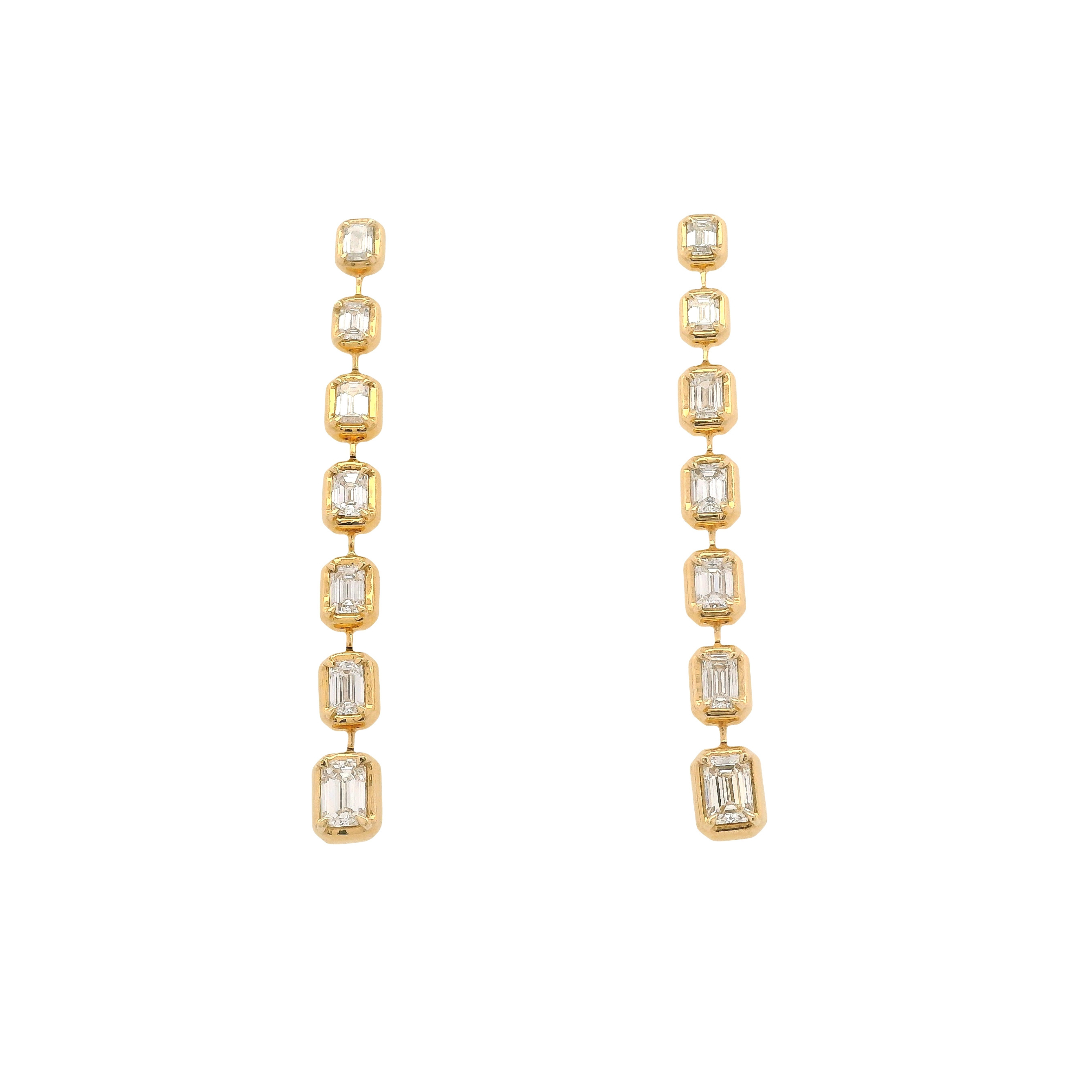 Bezel Emerald Cut Diamond Tapered Linear Drop Earrings